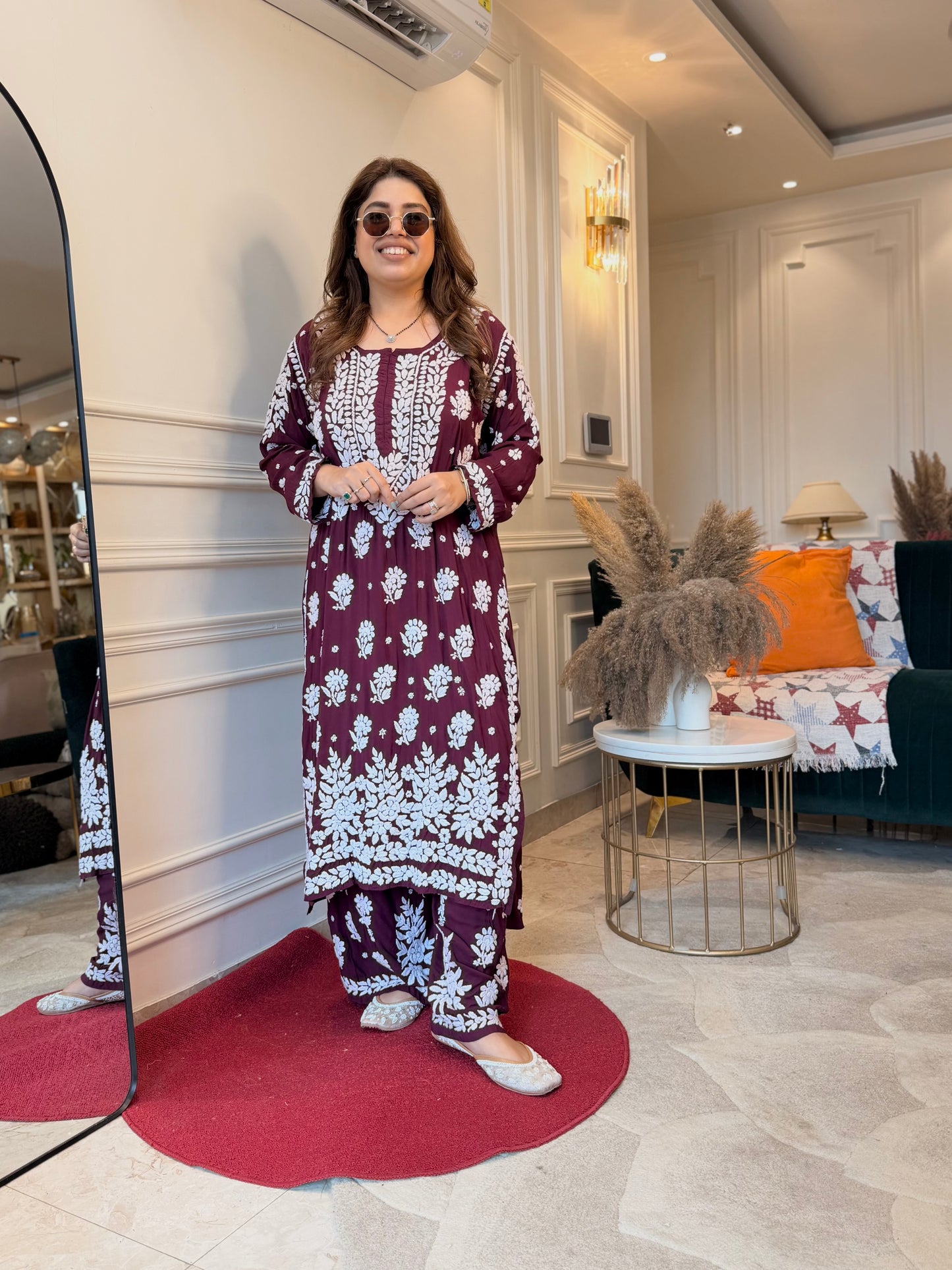 Hand Embroidered 3DChikankari Kurta set | Modal  | Maroon