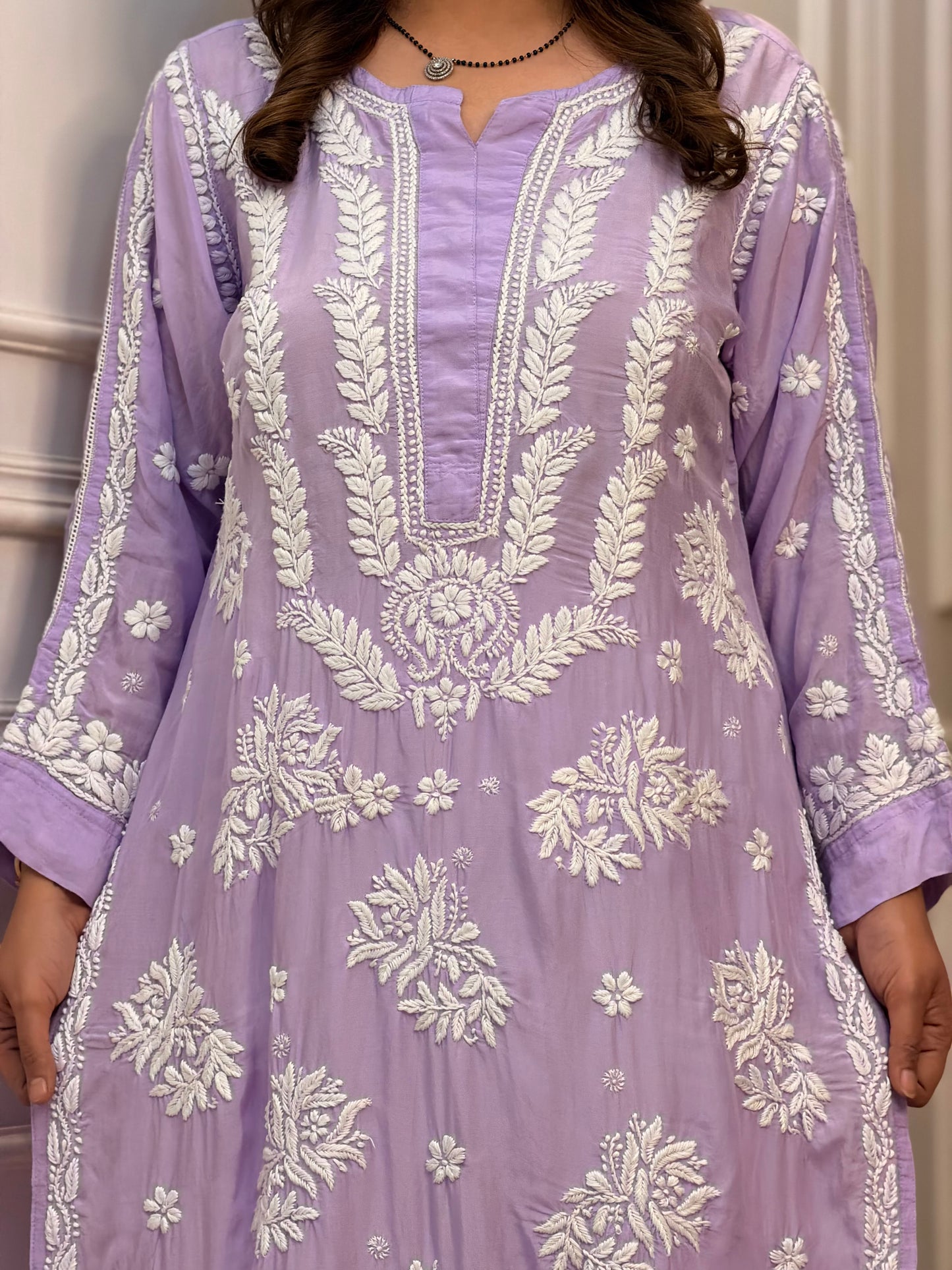 Hand Embroidered Chikankari Kurta Set | Premium Mul Chanderi | Lavender