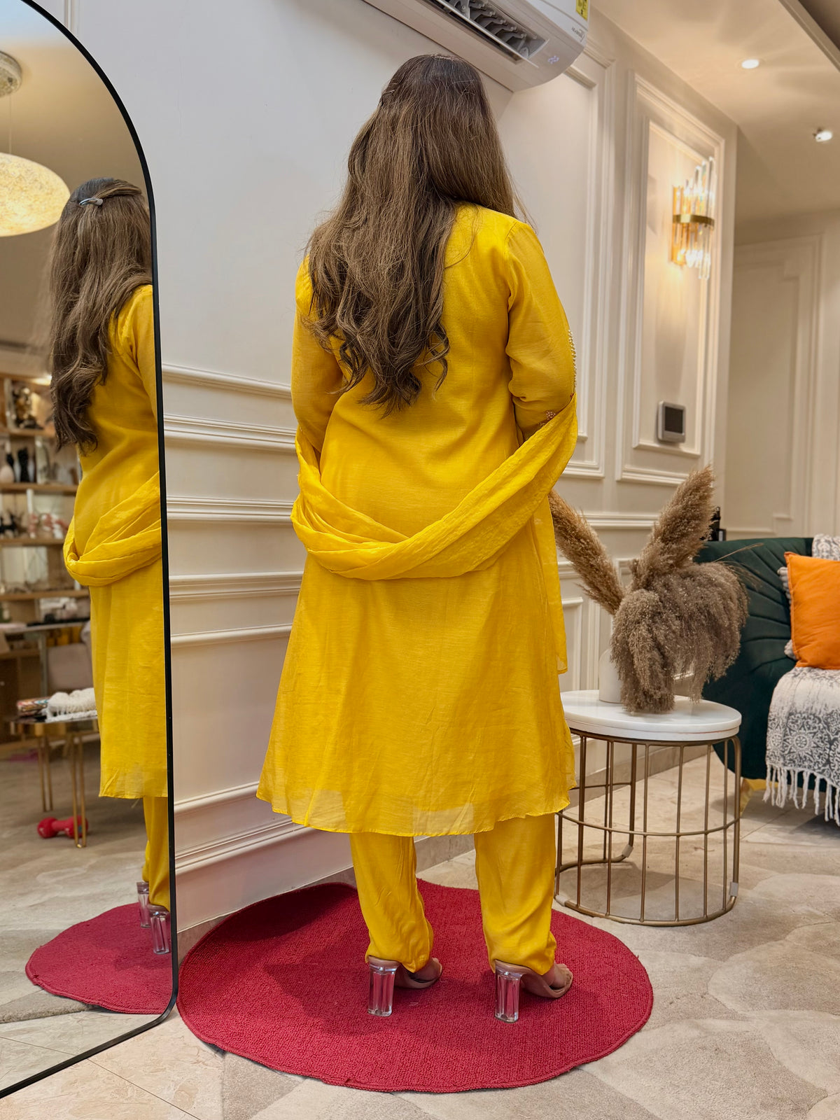 Exclusive Mul Chanderi 3Piece A line kurta set | Mustard