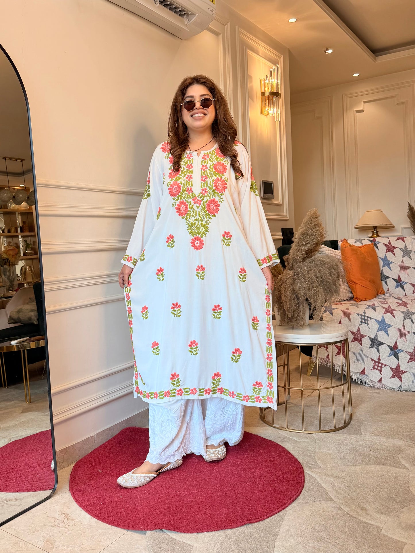 Hand embroidered Chikankari Kurta | Premium Cotton | White with Light Pink & Green