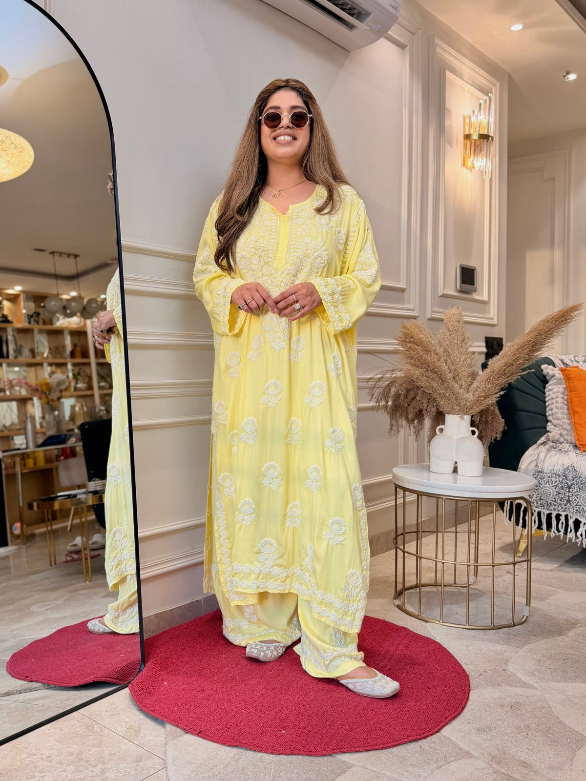 3D Hand Embroidered Chikankari Kurta set | Premium Modal Satin | Butter Yellow