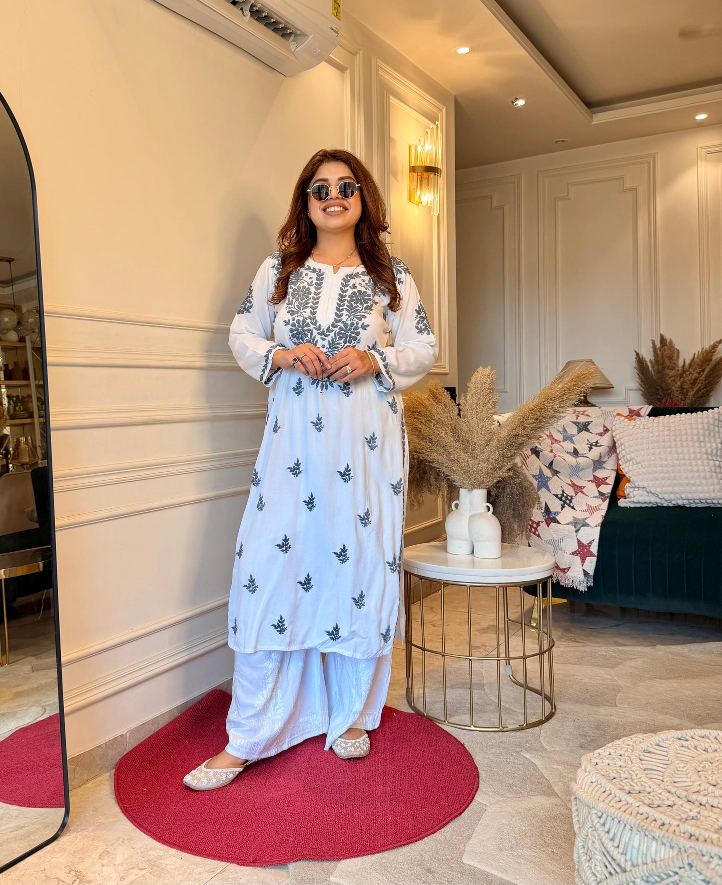 Chikankari Kurta Set | Mul Cotton | white with Grey Thread Embroidery