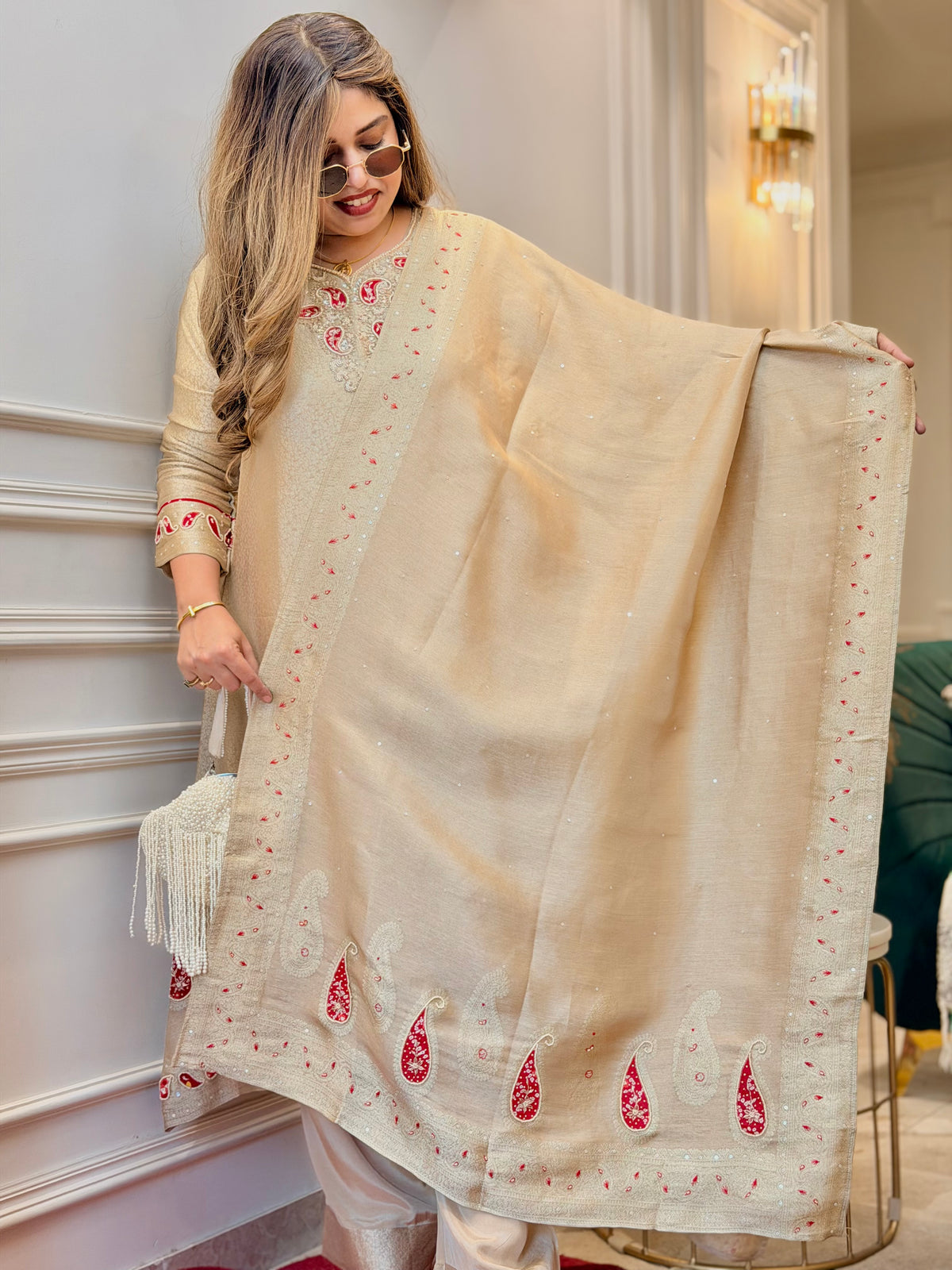 Exclusive Gold Beige Brocade Jacquard 3Piece A line kurta set