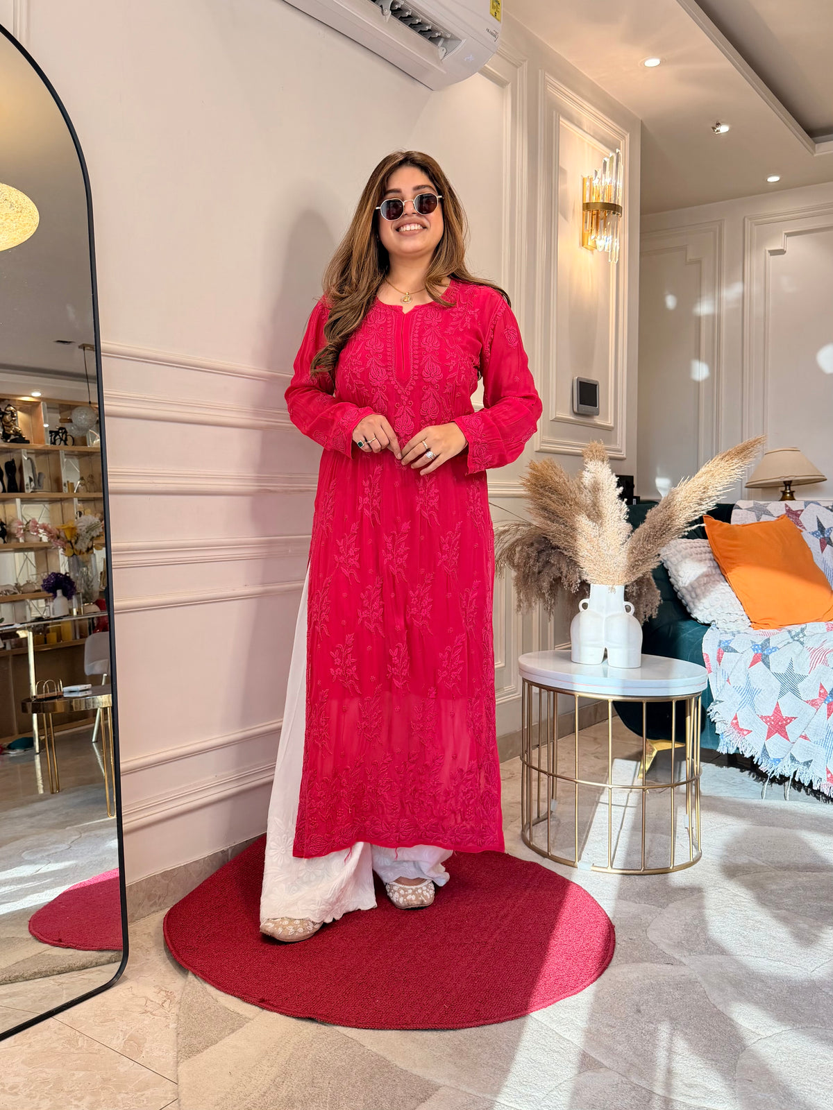 Hand Embroidered 3DChikankari Kurta  | Viscose | Hot Pink