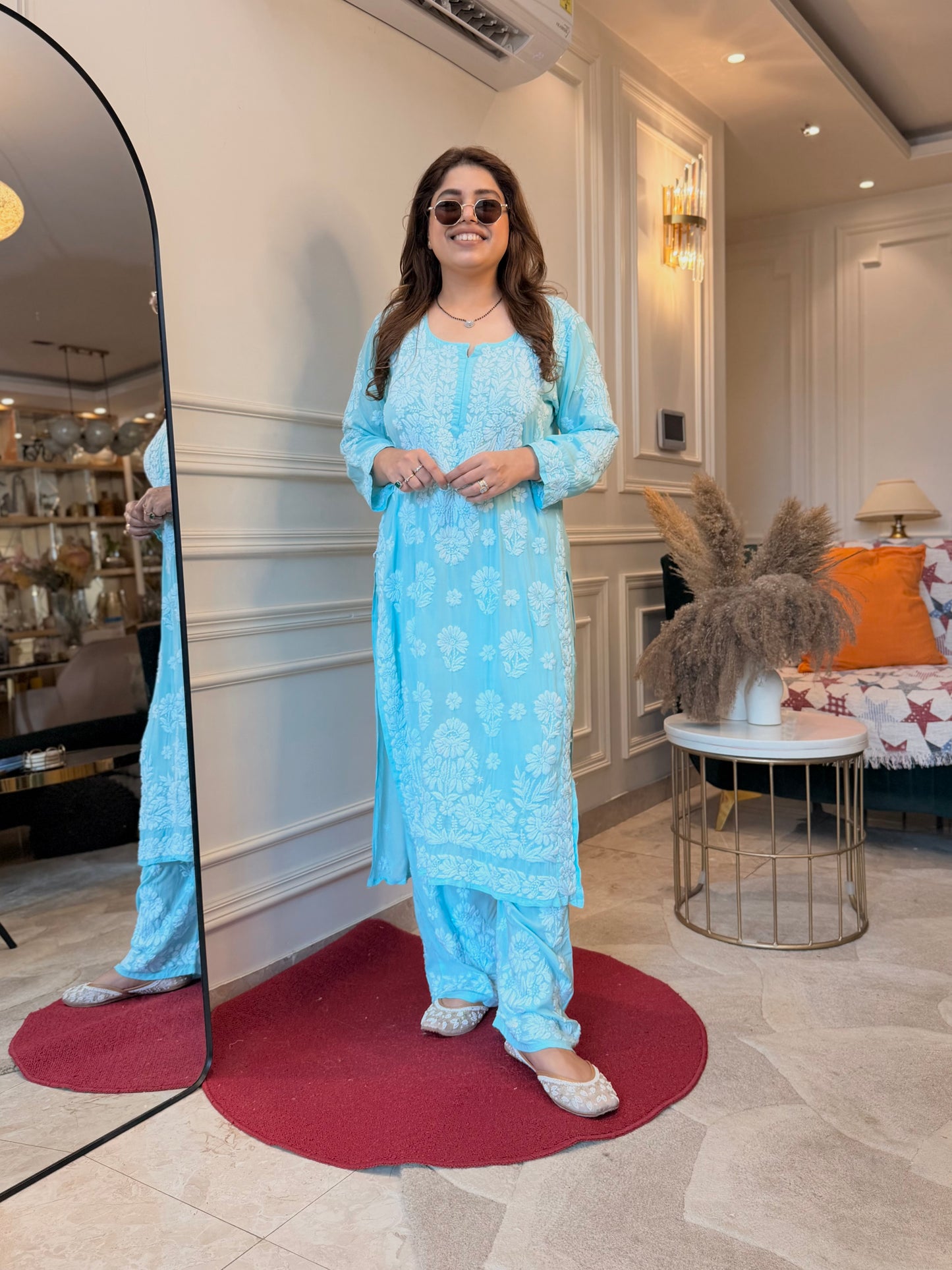 Hand Embroidered Chikankari Kurta set | Modal | light Blue