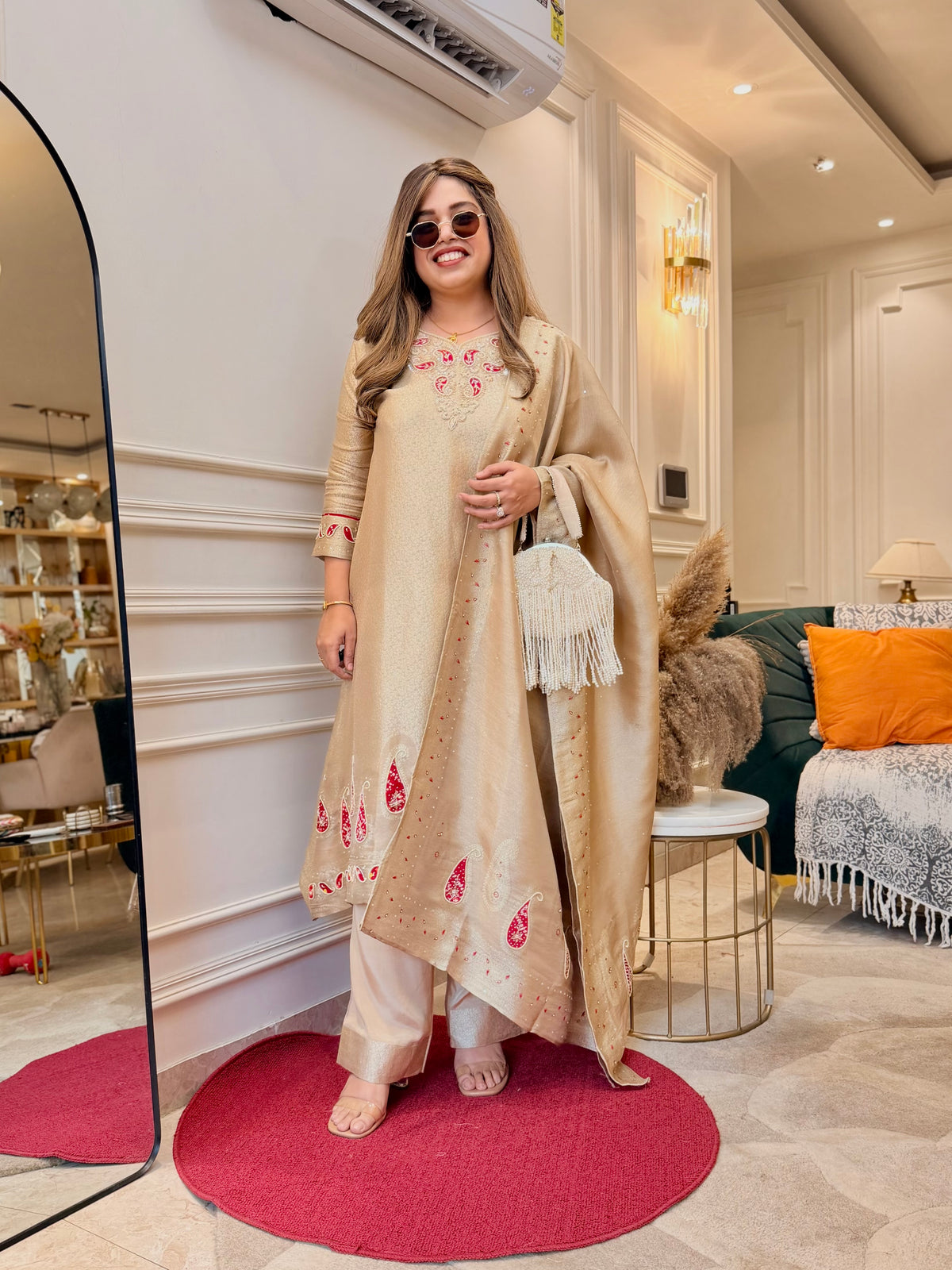 Exclusive Gold Beige Brocade Jacquard 3Piece A line kurta set