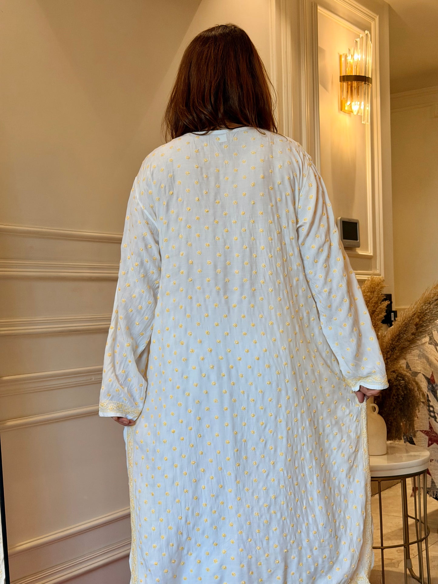 Hand Embroidered Chikankari Kurta  | Mul Chanderi | white with Yellow | Plus Size