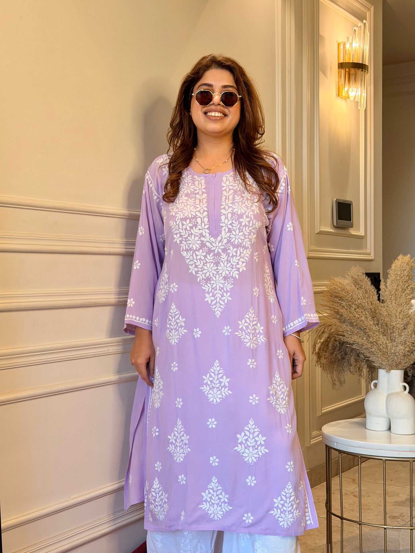 Hand Embroidered Chikankari Kurta | Modal | Lavender Lilac