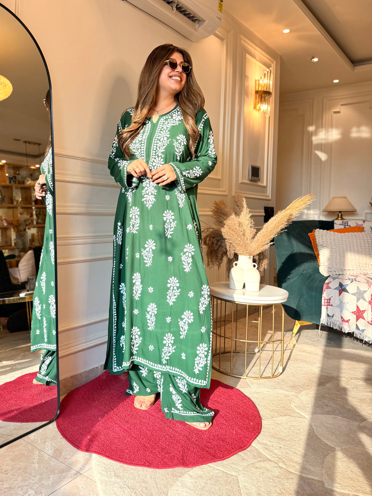 Hand Embroidered 3D Chikankari Kurta set | Premium Modal | Emerald Green
