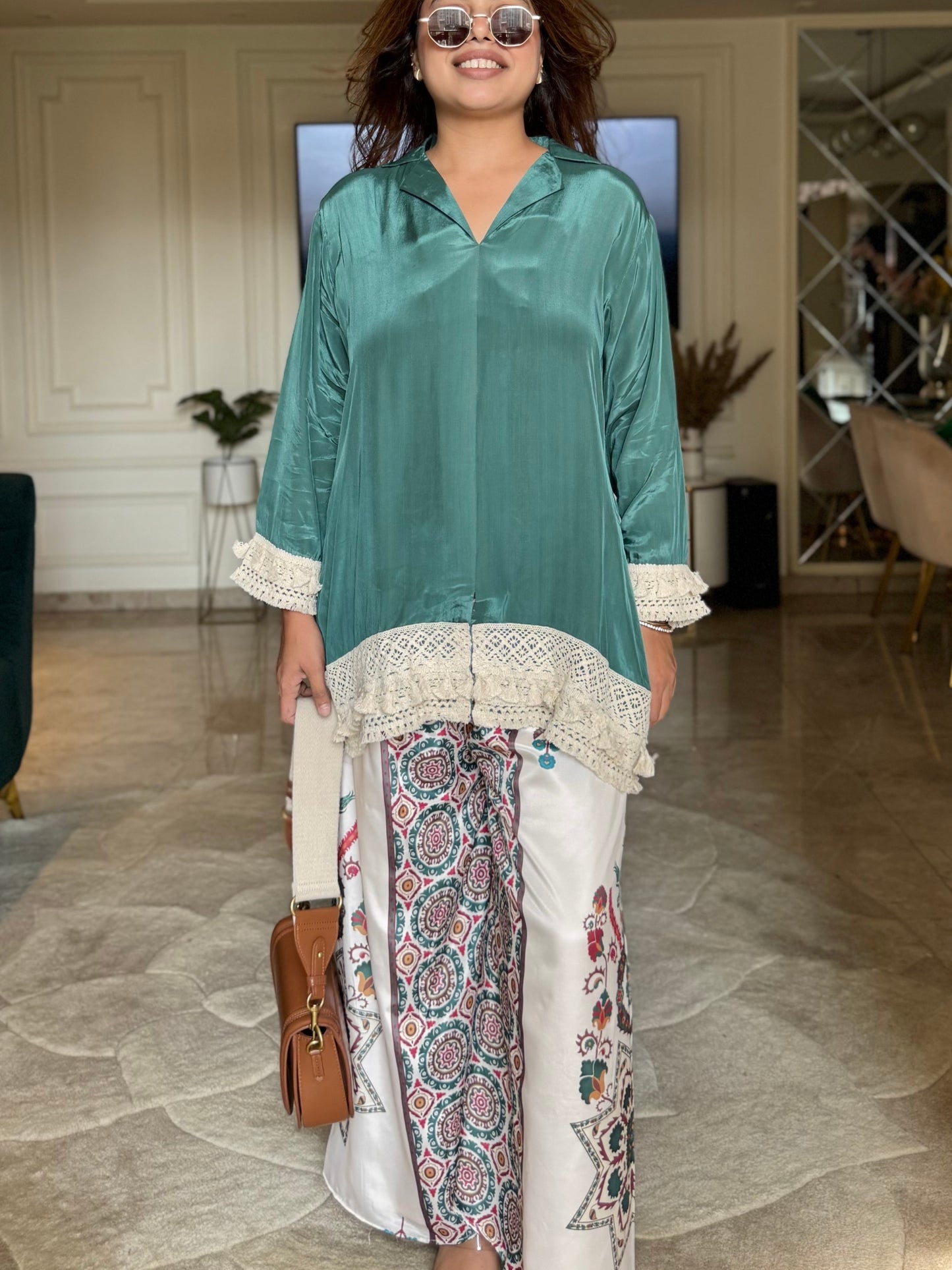 Boho Grace Co-ord Set – Emerald & Ivory Fusion-Plus Size