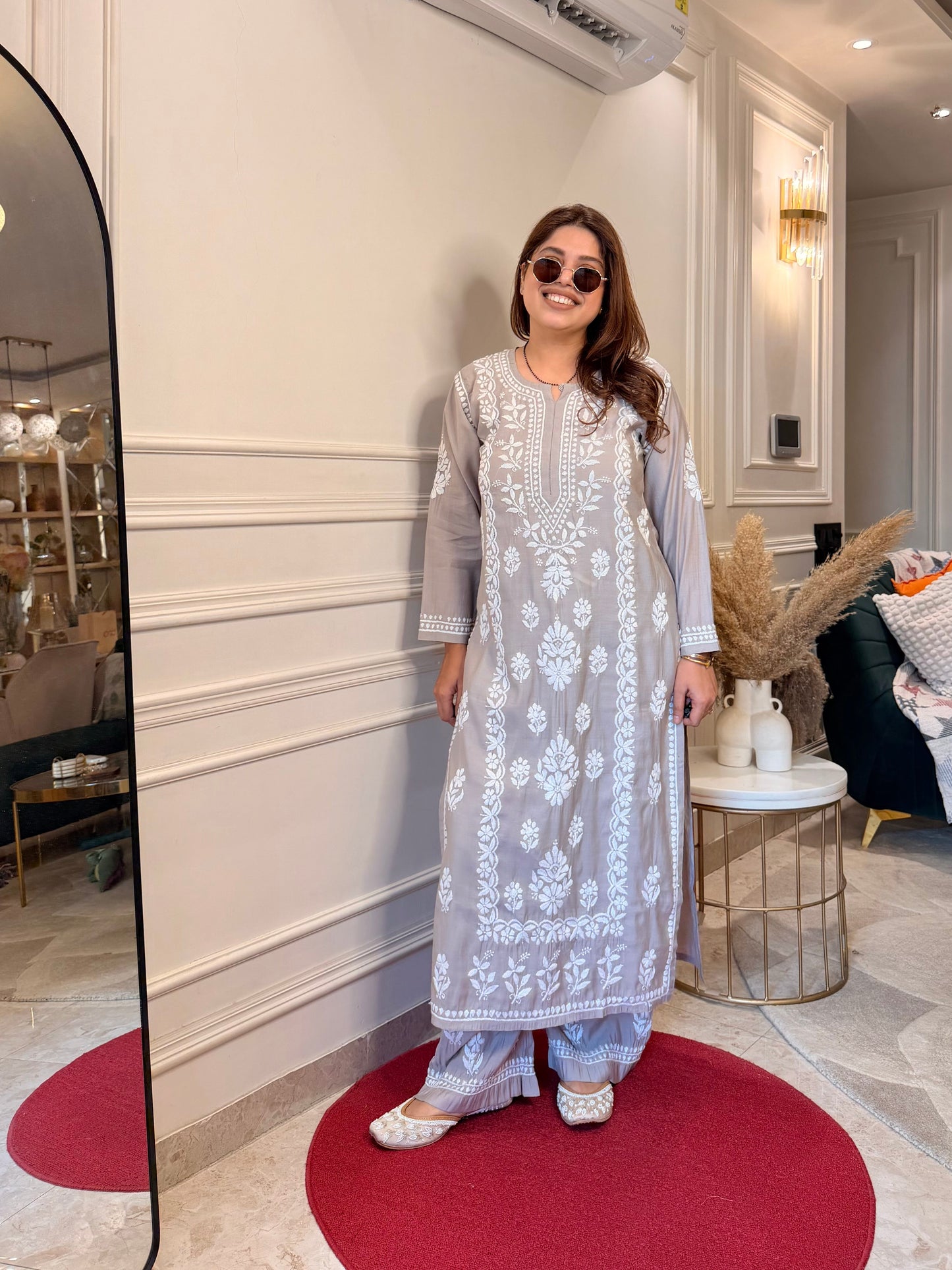 Hand Embroidered Chikankari Kurta Set - Grey