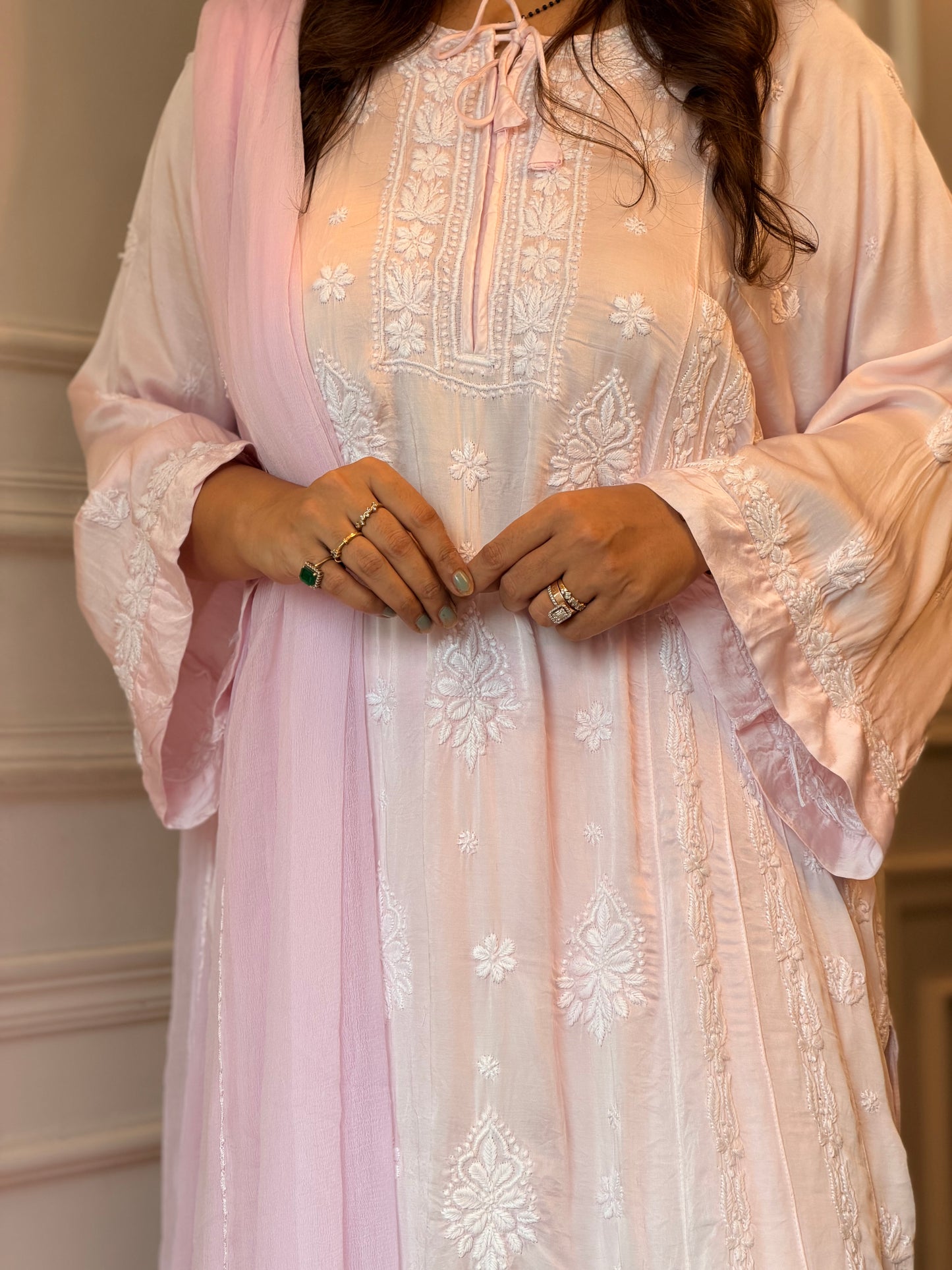 Hand Embroidered 3D Chikankari 3 Piece Kurta set | Modal Satin Silk  | Baby Pink