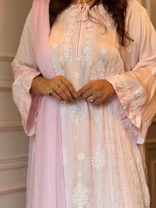 Hand Embroidered 3D Chikankari 3 Piece Kurta set | Modal Satin Silk  | Baby Pink