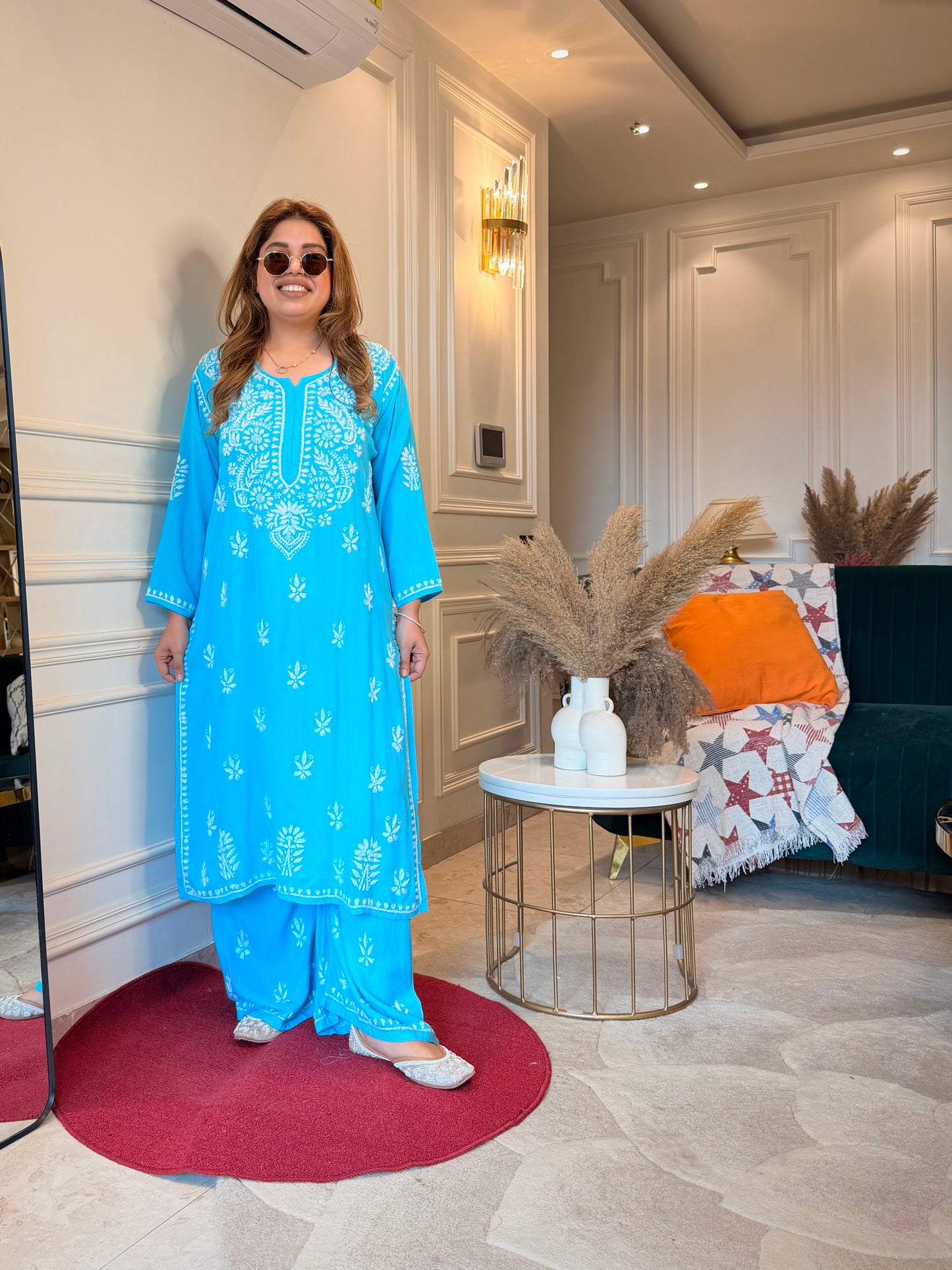 Hand Embroidered Chikankari Kurta set | Modal cotton | Frozi Blue