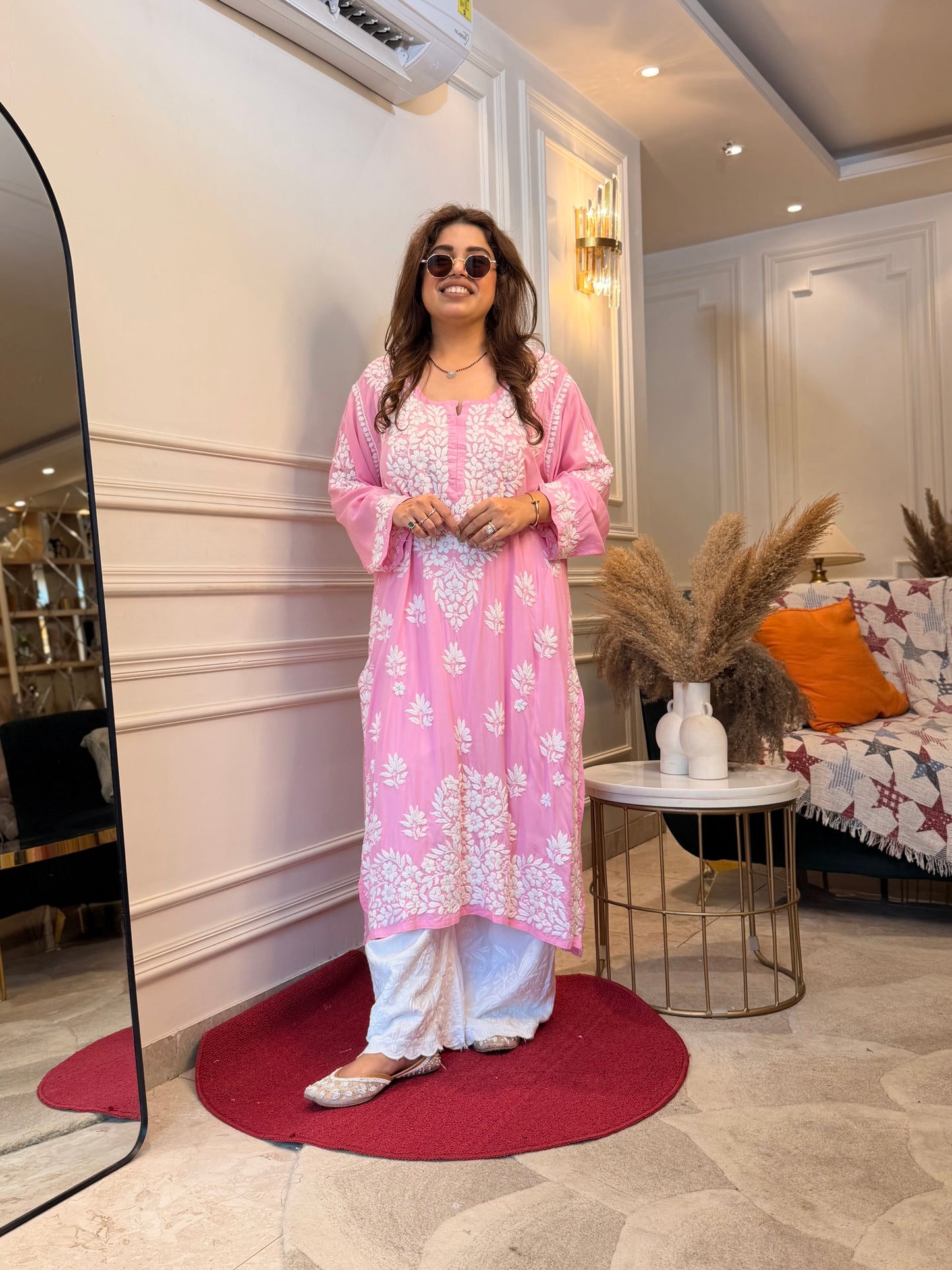 Hand Embroidered 6D Chikankari Kurta | Modal | Pink