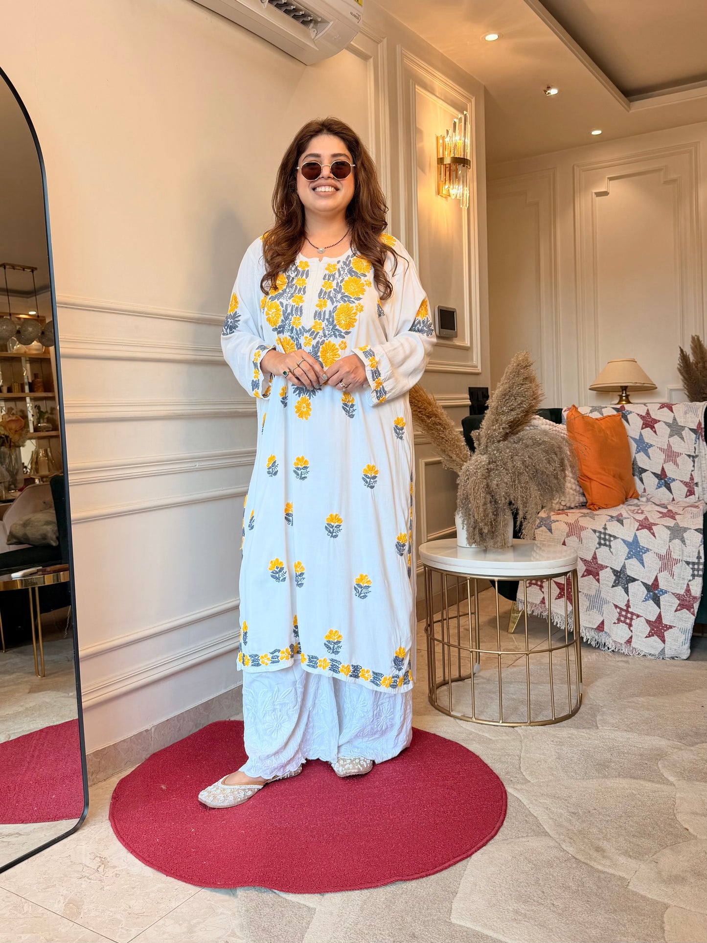 Hand embroidered Chikankari Kurta | Premium Cotton | White with Mustard and Grey