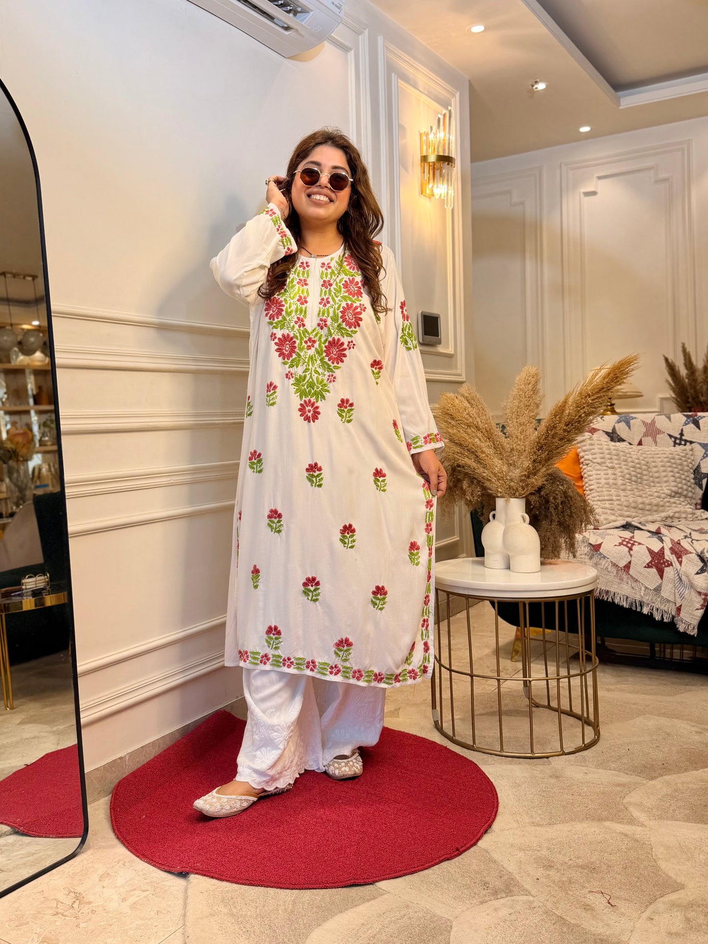 Hand embroidered Chikankari Kurta | Premium Cotton | White with Green & Pink