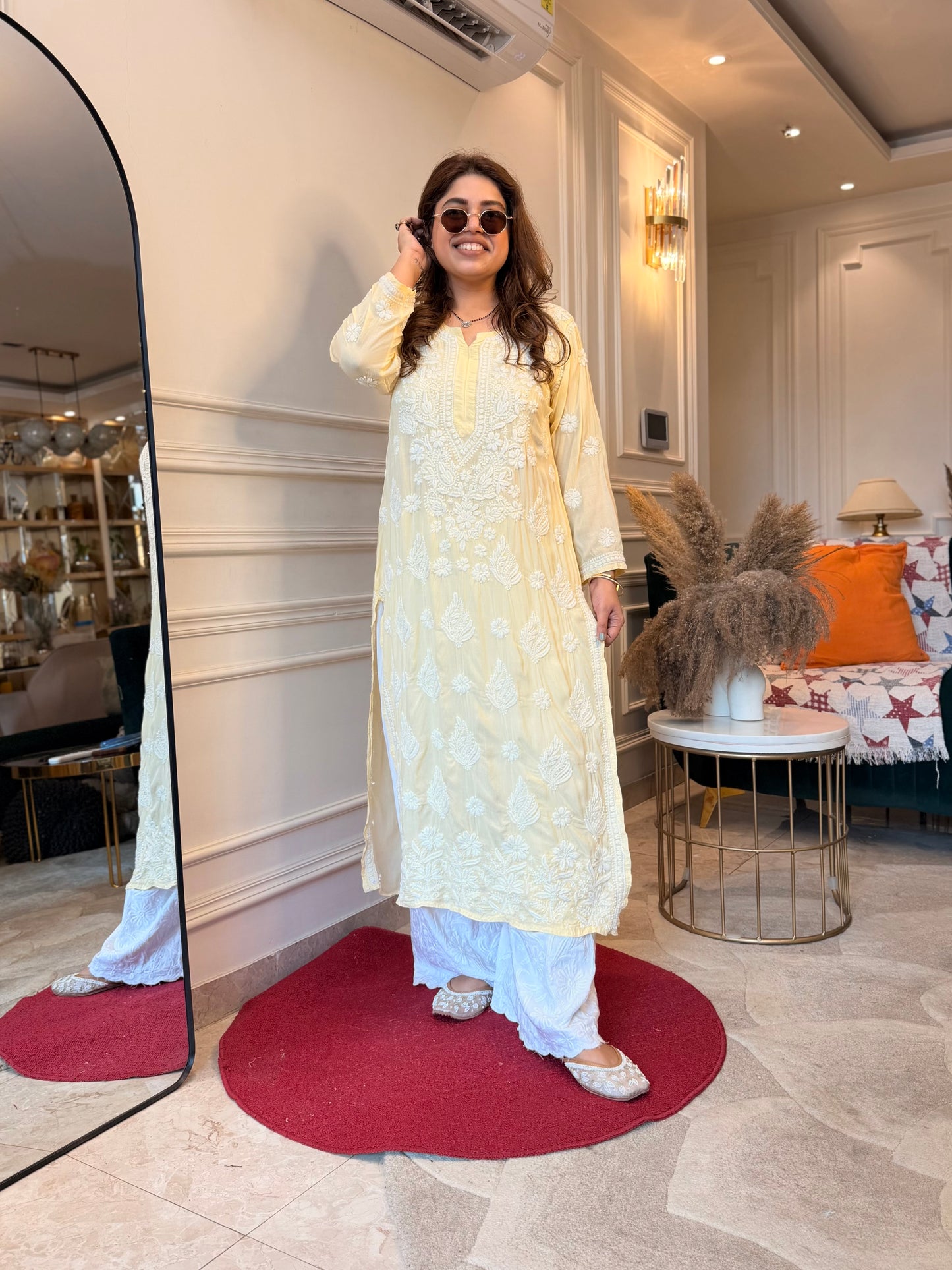 Hand Embroidered 3DChikankari Kurta  | Mul Chanderi | Butter Yellow