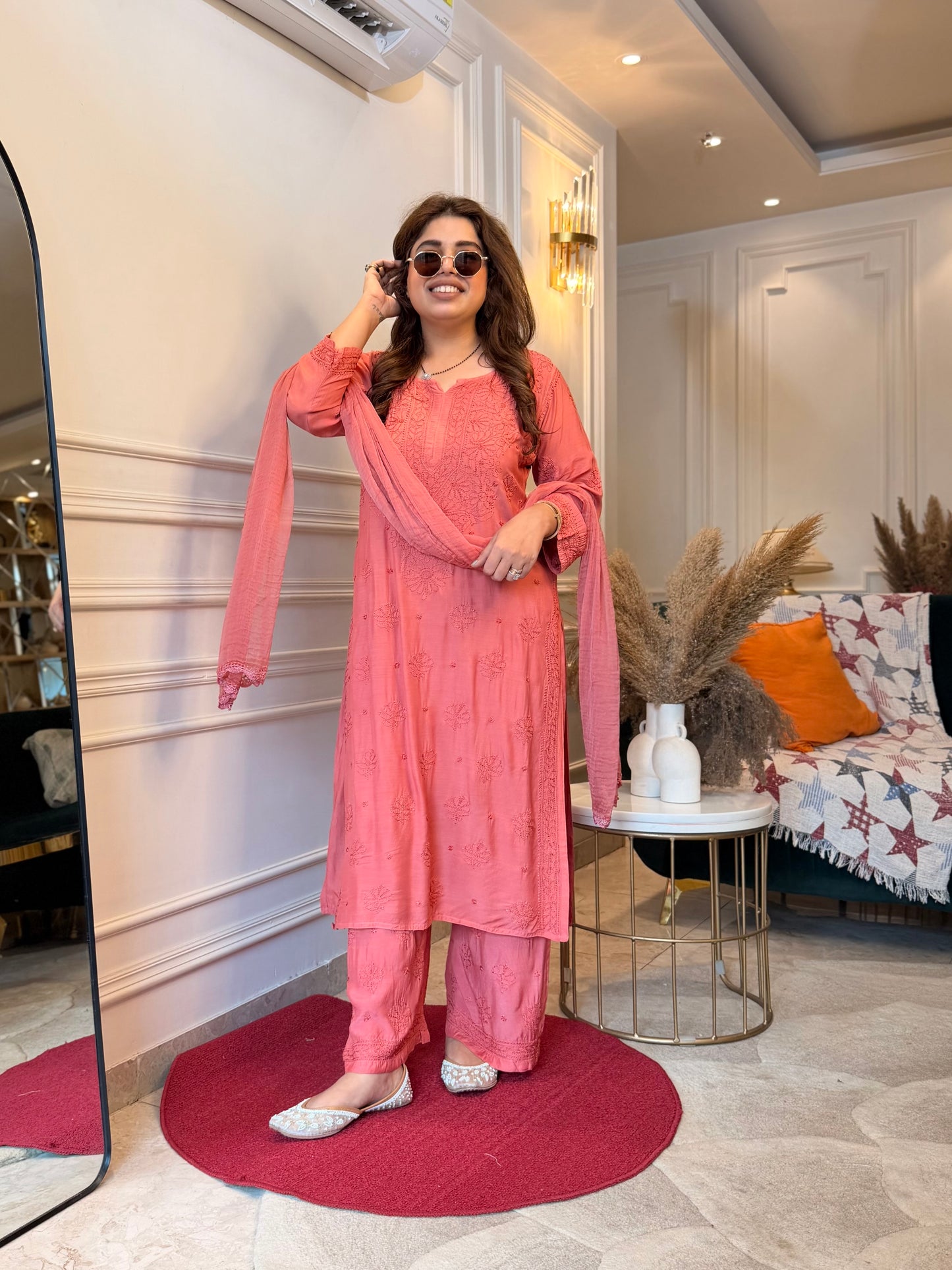 Hand Embroidered Chikankari 3 piece Kurta set | Mul Chanderi | Rust