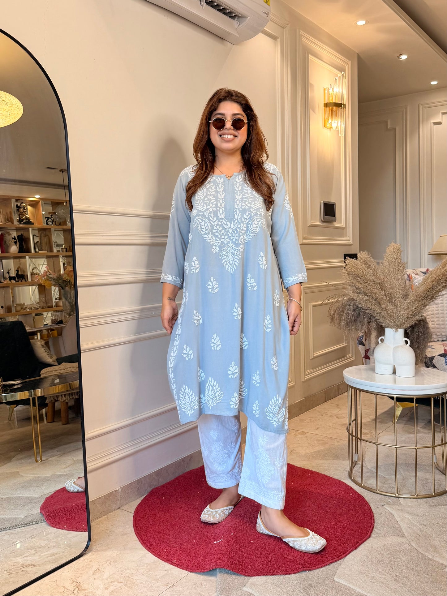 Hand Embroidered Chikankari Kurta | Modal | Pastel Grey