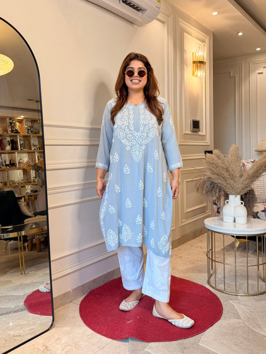 Hand Embroidered Chikankari Kurta | Modal | Pastel Grey