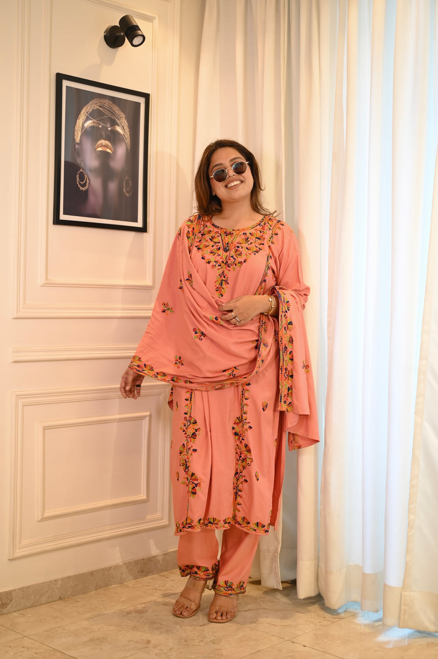 Peach Pink Cotton Embroidered Kurta Set with Dupatta