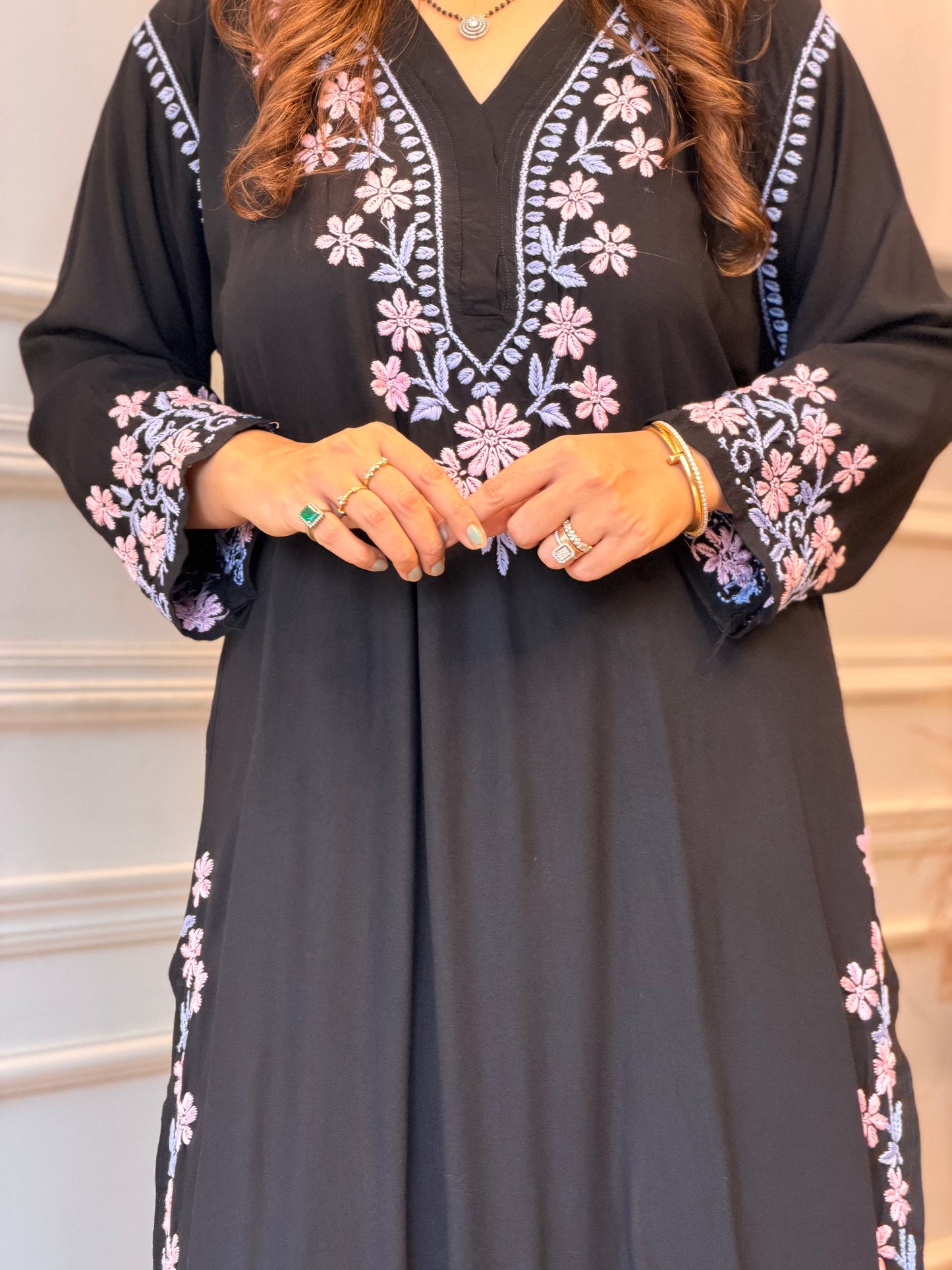 Hand Embroidered 3D Chikankari Kurta | Modal | Black with Purple Pink