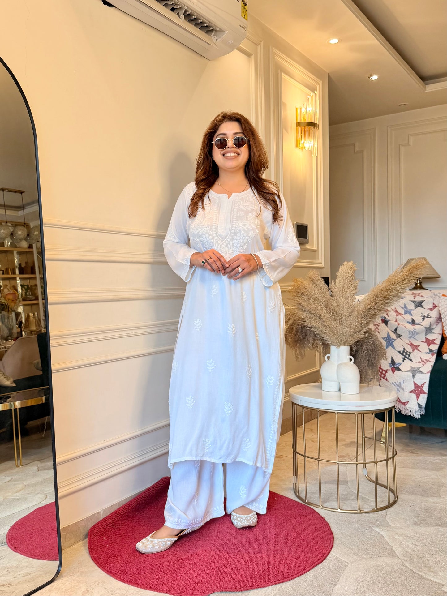 Hand Embroidered Chikankari Kurta set | Modal | white with Shimmer Detailing