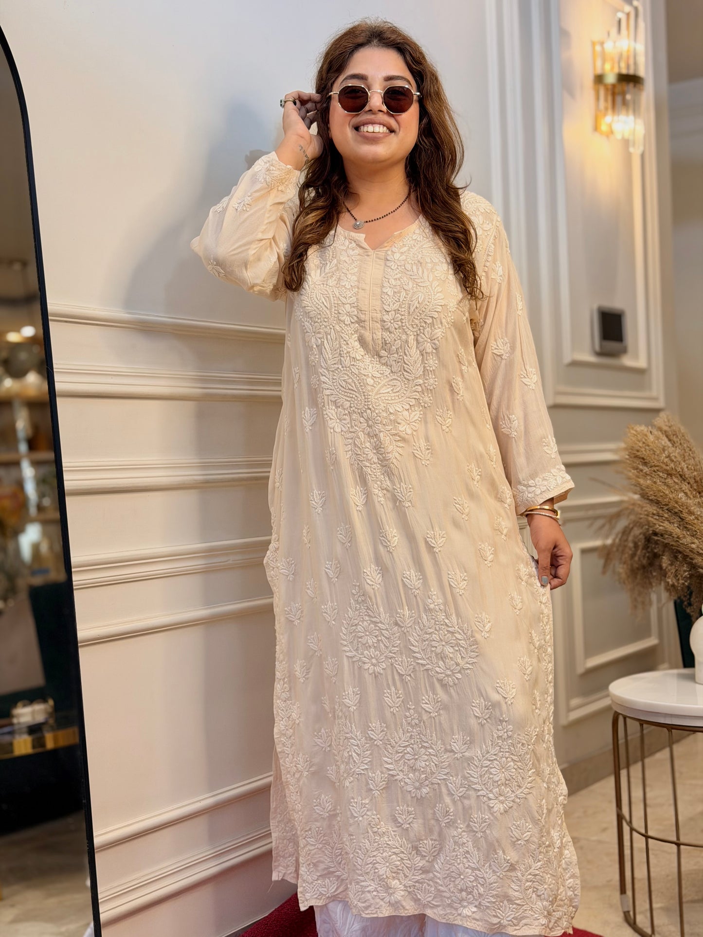 Hand Embroidered 3DChikankari Kurta  | Mul Chanderi | Ivory