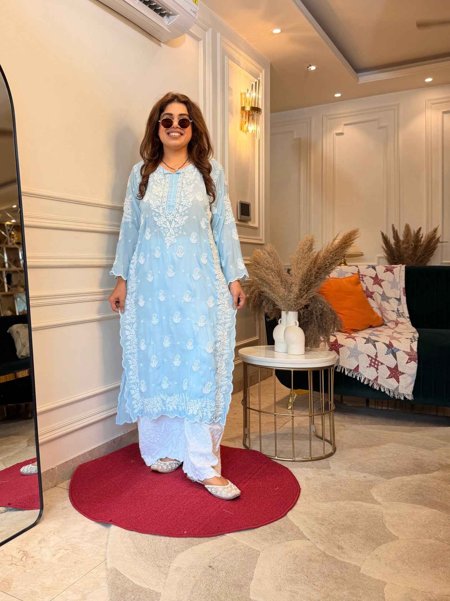 Hand embroidered 6D Chikankari Kurta | Mul Chanderi | Powder Blue