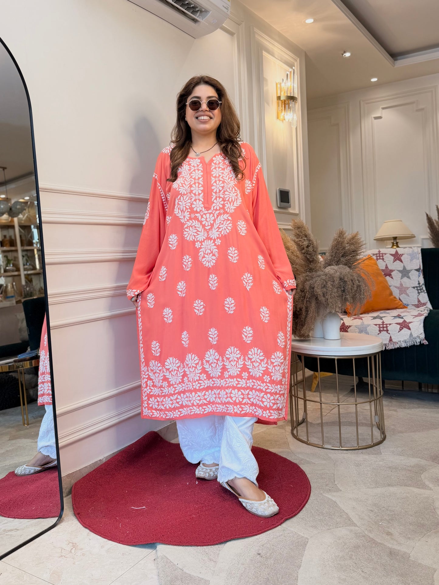 Hand Embroidered 3DChikankari Kurta with Plazo | Premium Soft Cotton | Peach
