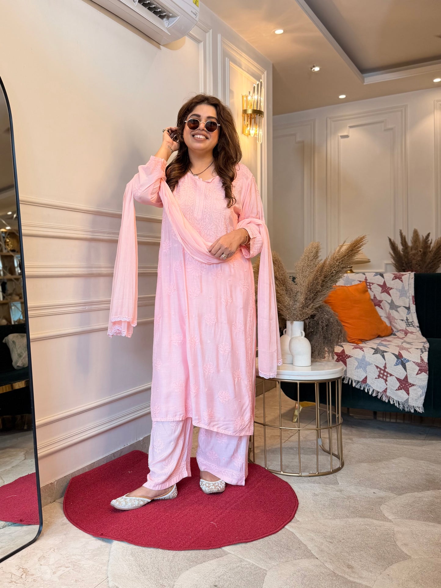 Hand Embroidered Chikankari 3 piece Kurta set | Mul Chanderi | Pink