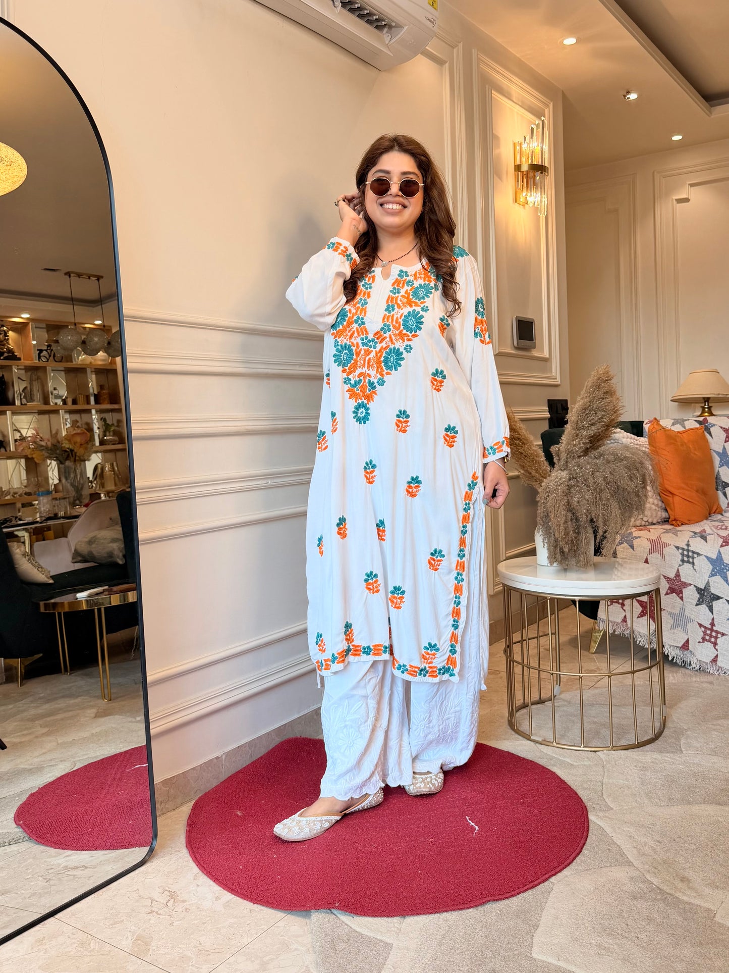Hand embroidered Chikankari Kurta | Premium Cotton | White with Turquoise & Orange