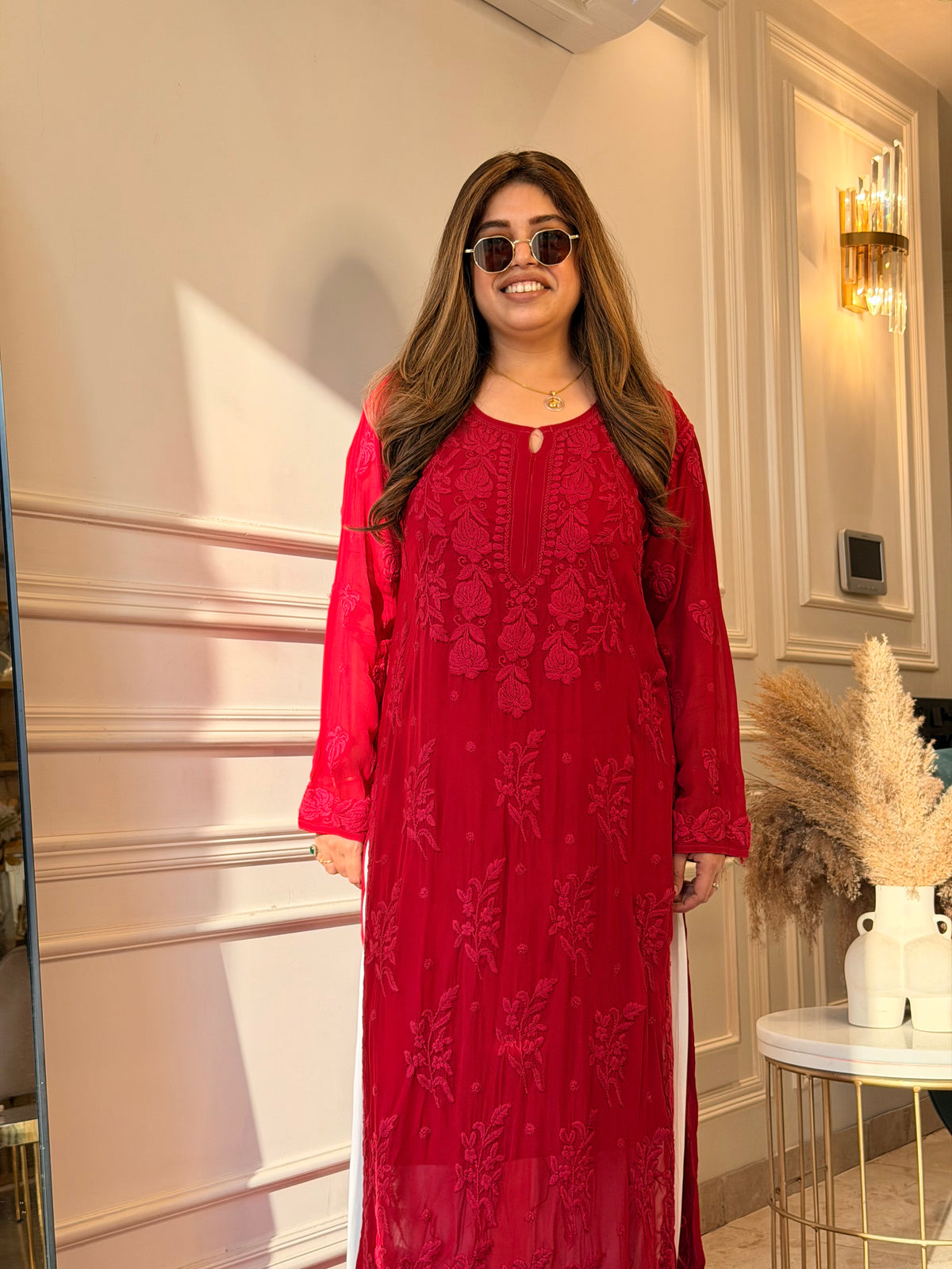 Hand Embroidered 3DChikankari Kurta  | Viscose | Cherry Red