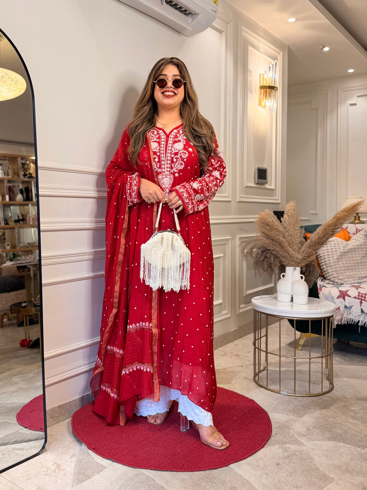 Premium Hand Embroidered Chikankari Kurta & Duppta | Mul Chanderi | Red
