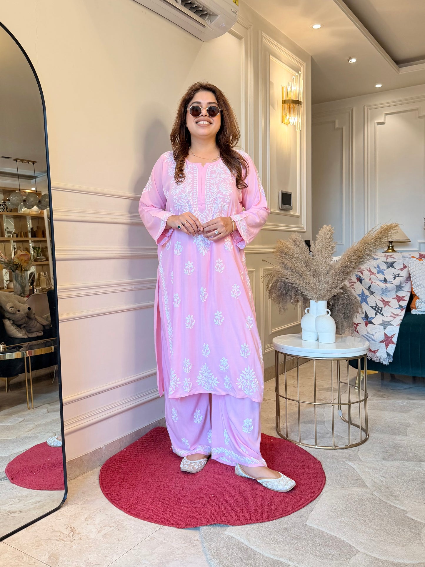Hand Embroidered Chikankari Kurta set | Modal | Pink