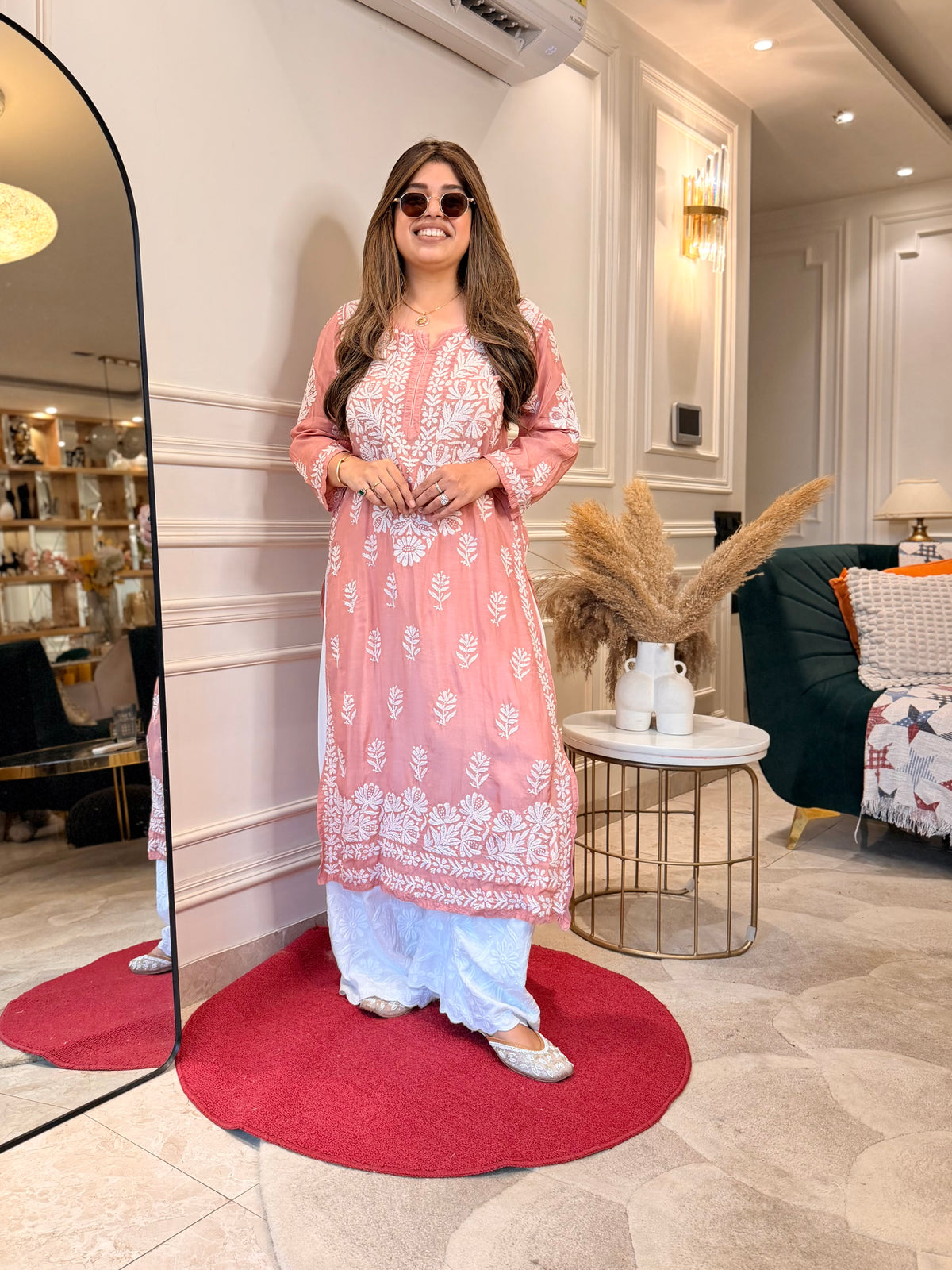Hand Embroidered 3D Chikankari Kurta | Mul Chanderi | Dusty Pink