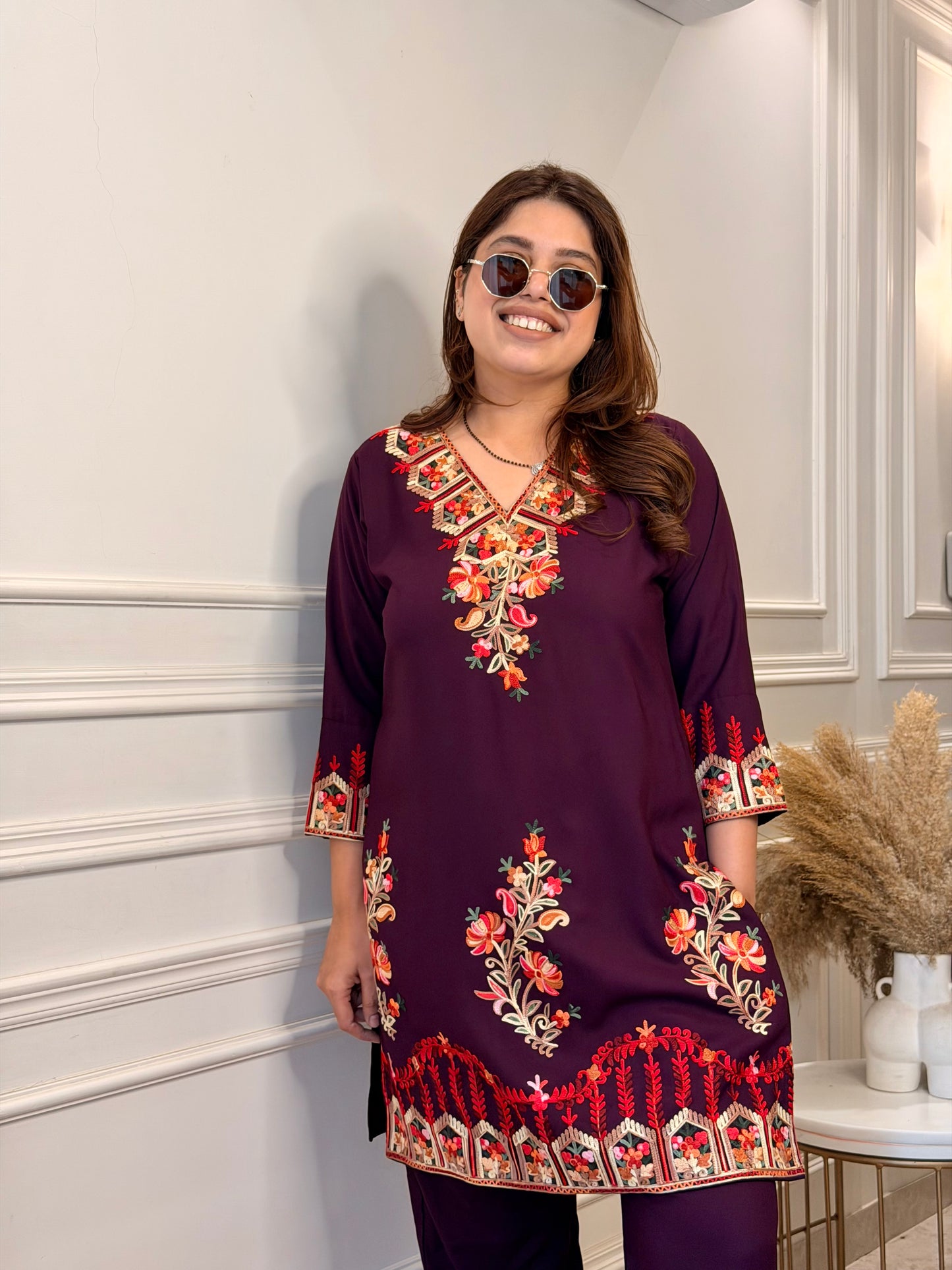Cotton Kashmiri Emberoried Cordset- wine colour