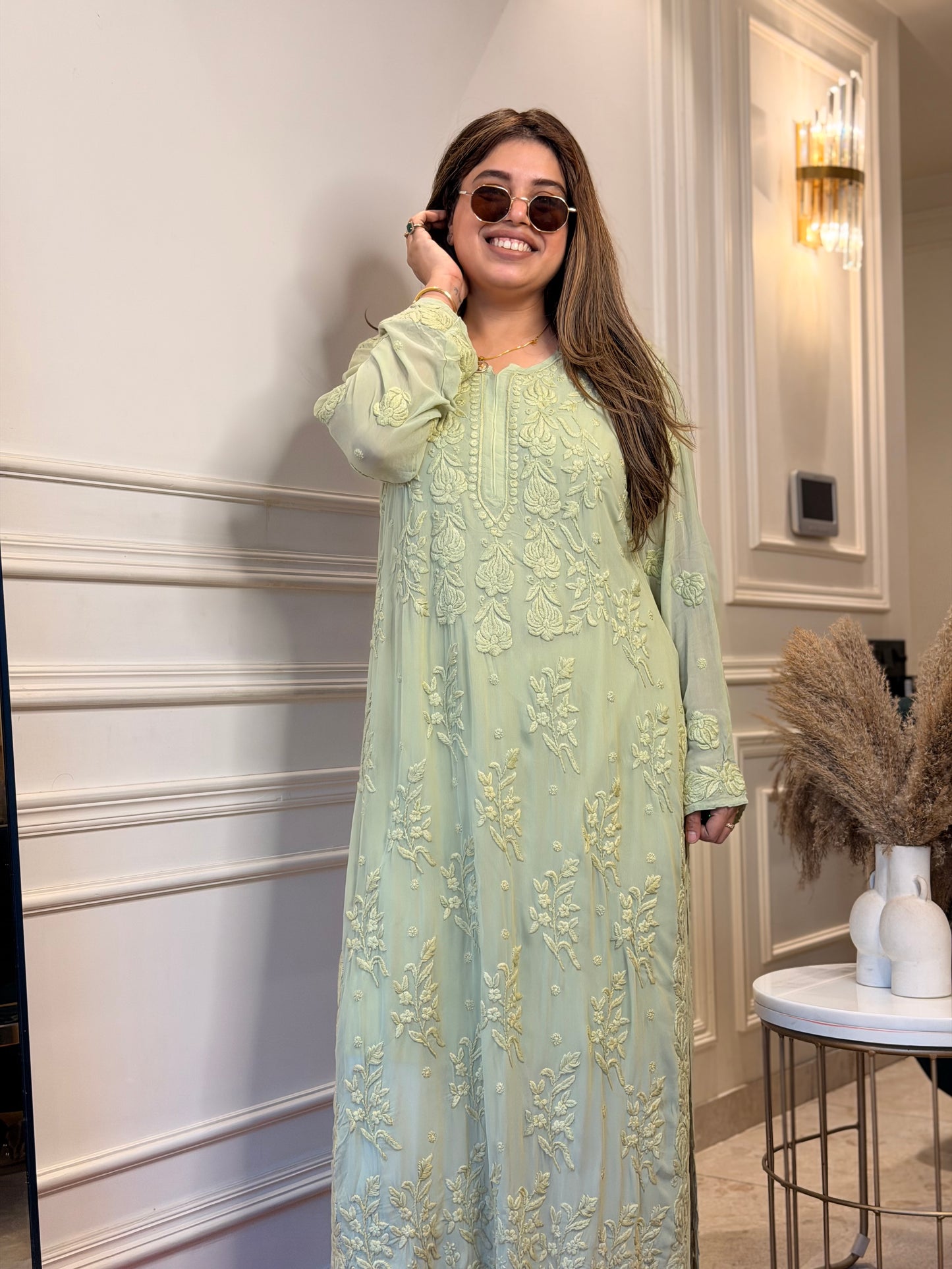 Hand Embroidered 3DChikankari Kurta  | Viscose | Olive Green