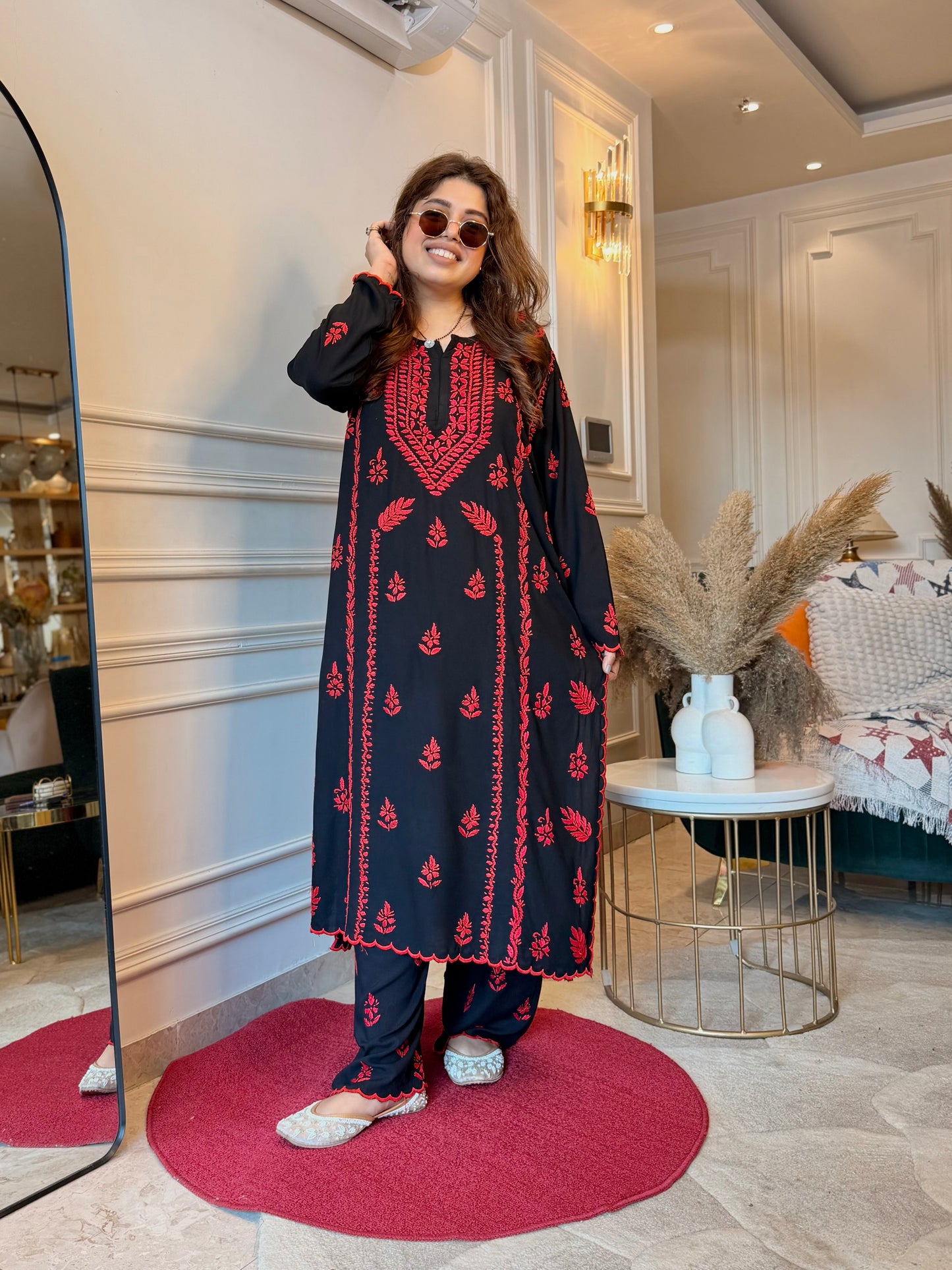 Hand Embroidered Chikankari Kurta set | Modal  | Black with Red