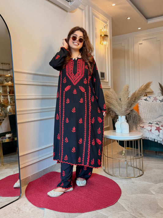 Hand Embroidered Chikankari Kurta set | Modal  | Black with Red