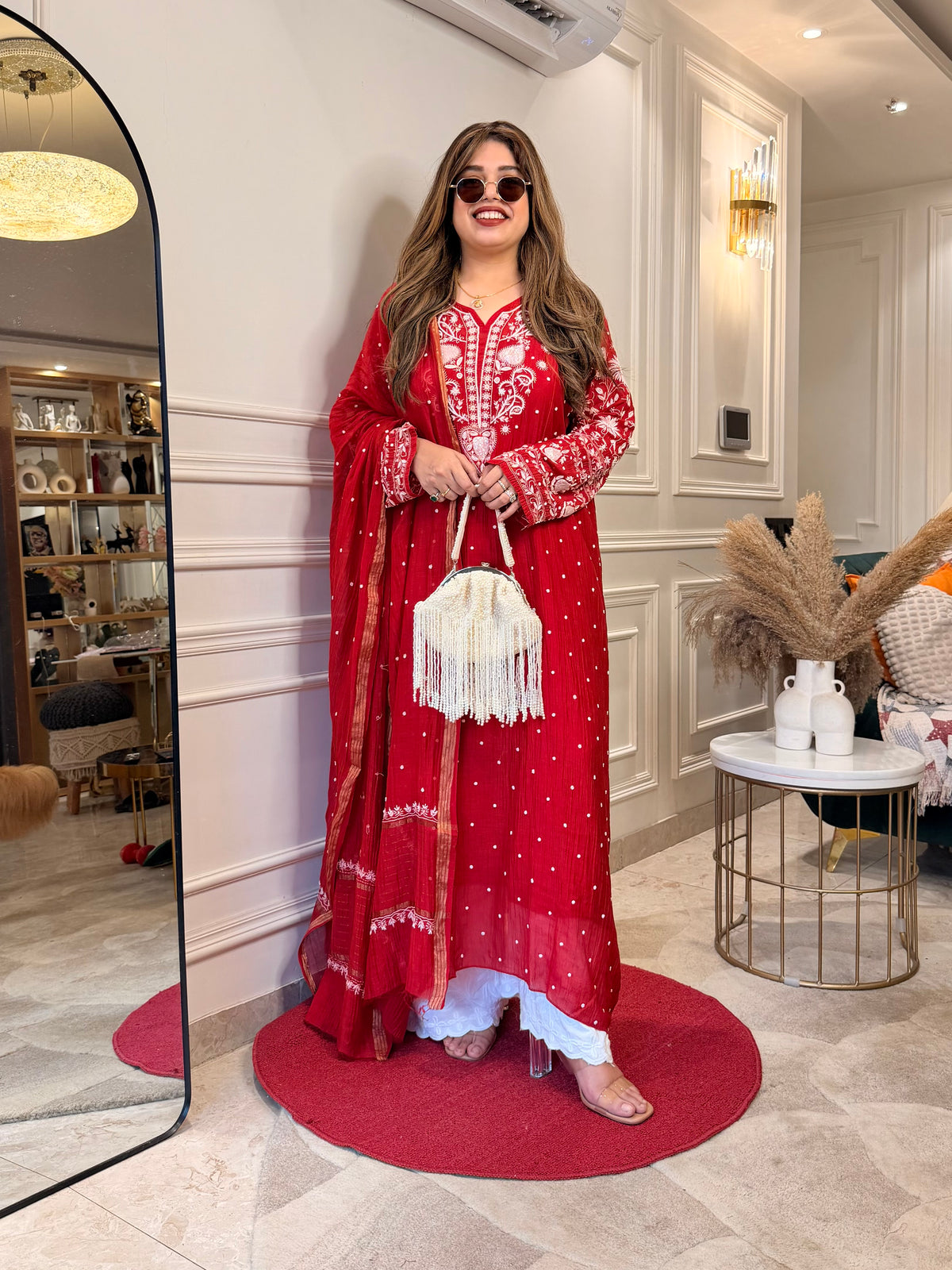 Premium Hand Embroidered Chikankari Kurta & Duppta | Mul Chanderi | Red