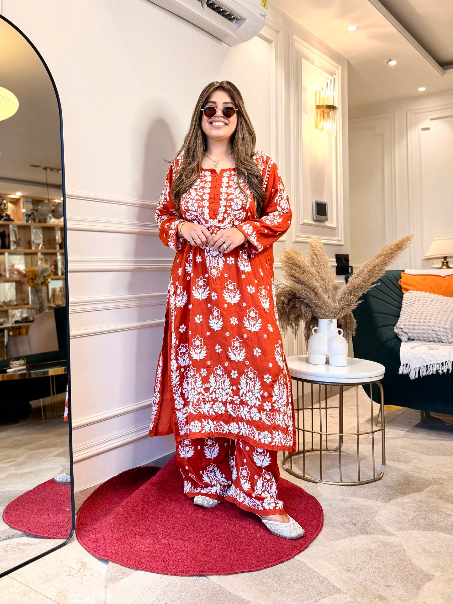 Hand embroidered 3D Chikankari Kurta set | Premium Modal| Rust Orange