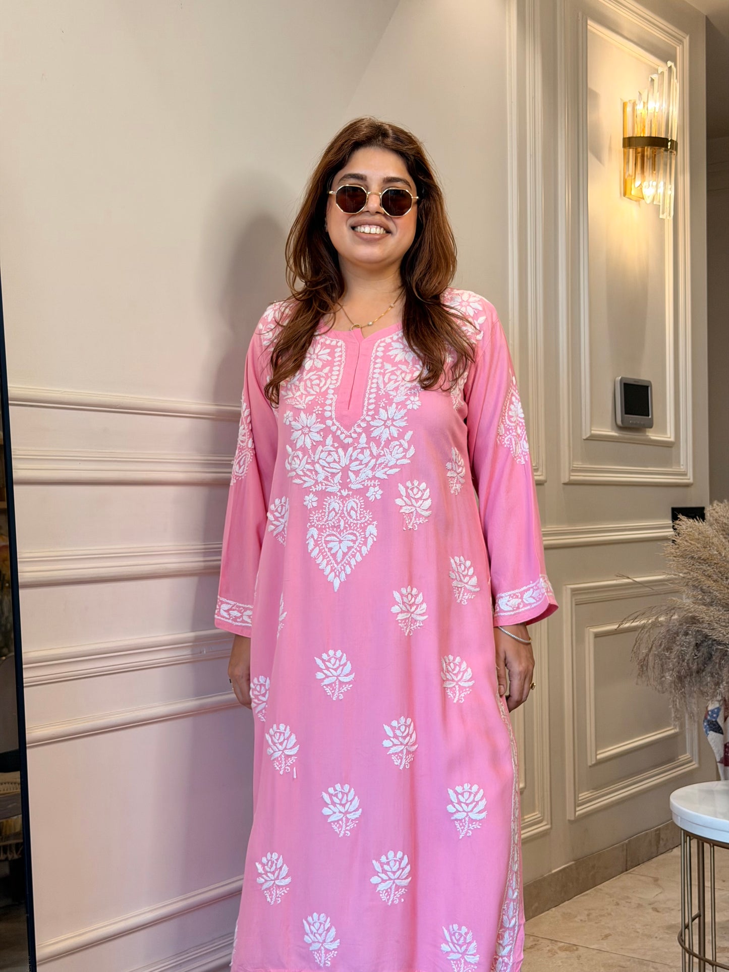 Hand Embroidered Chikankari Kurta | Modal | Pink