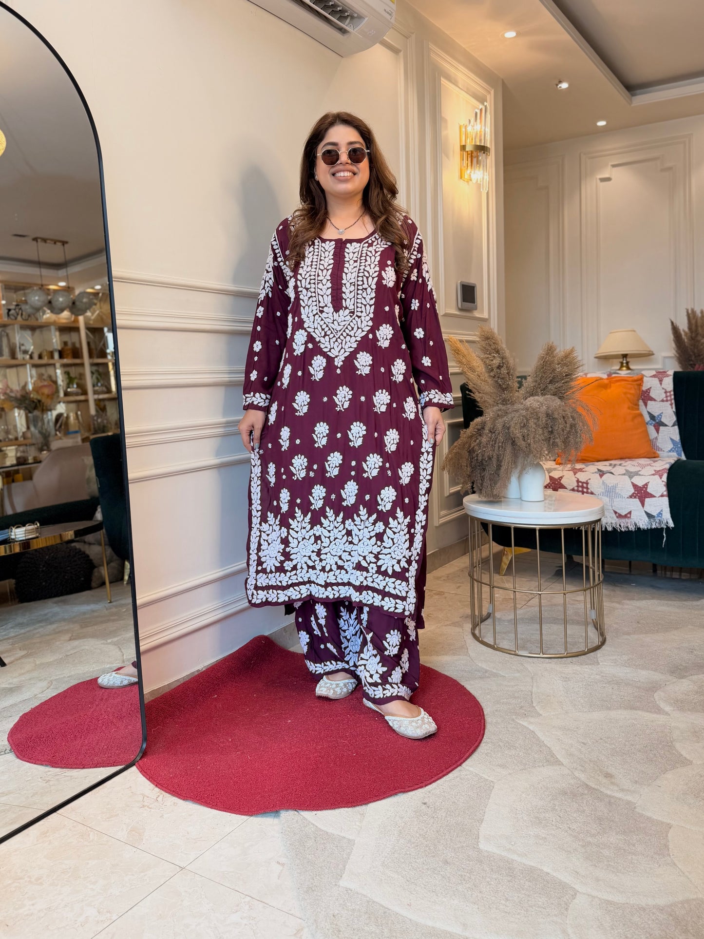 Hand Embroidered 3DChikankari Kurta set | Modal  | Maroon
