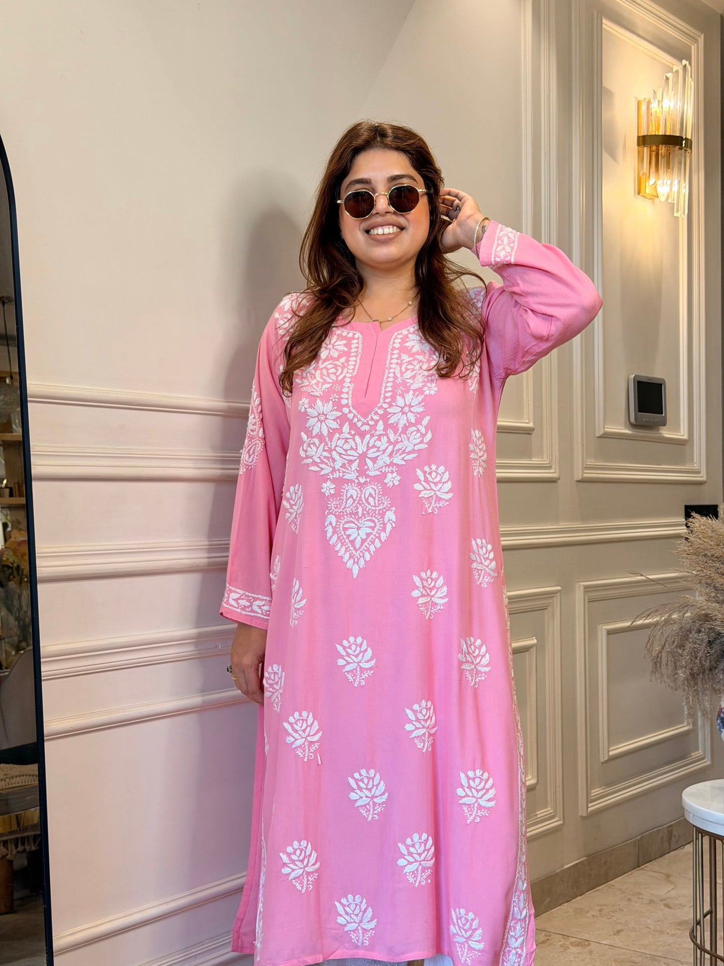 Hand Embroidered Chikankari Kurta | Modal | Pink