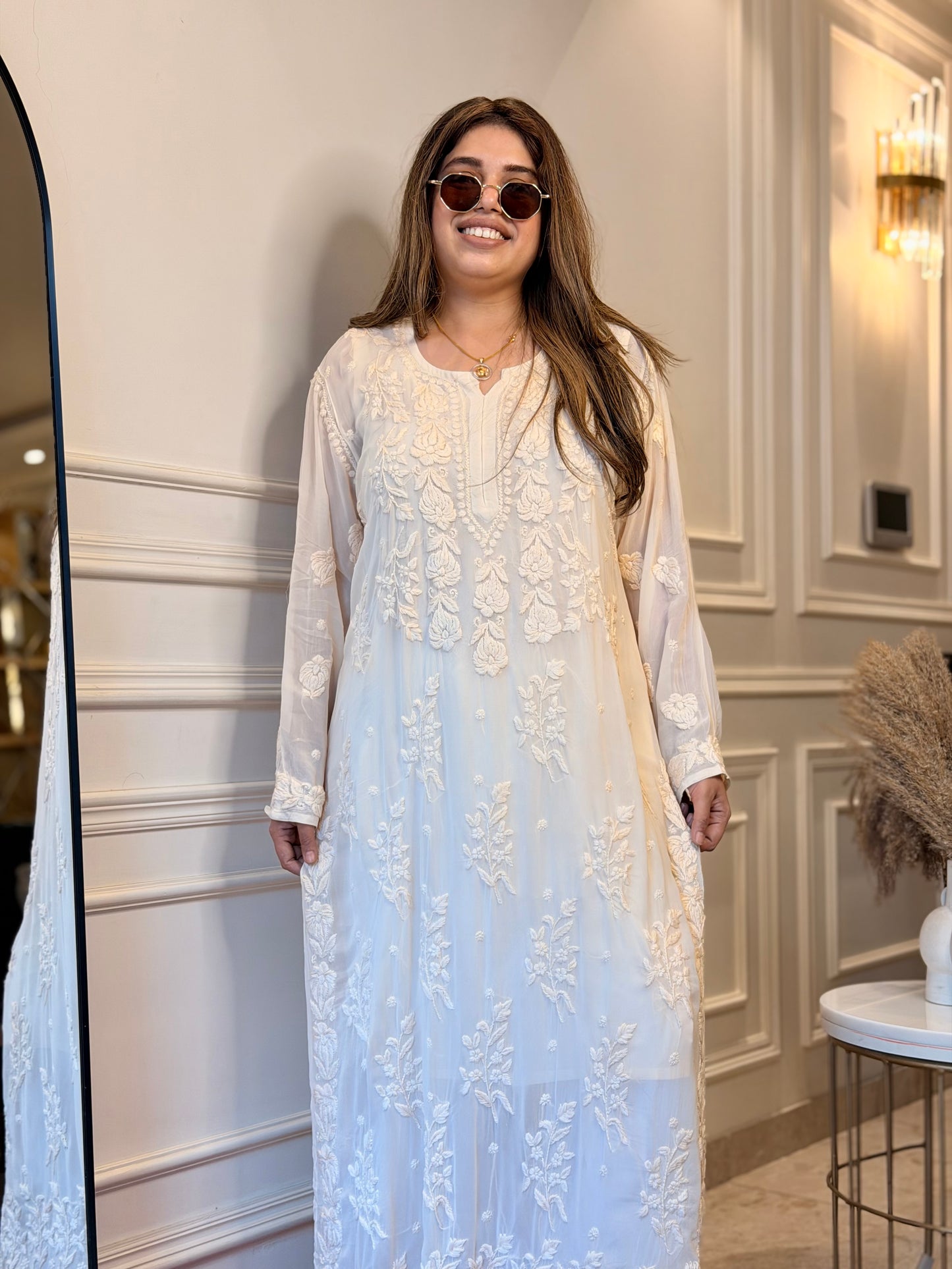 Hand Embroidered 3DChikankari Kurta  | Viscose | Beige