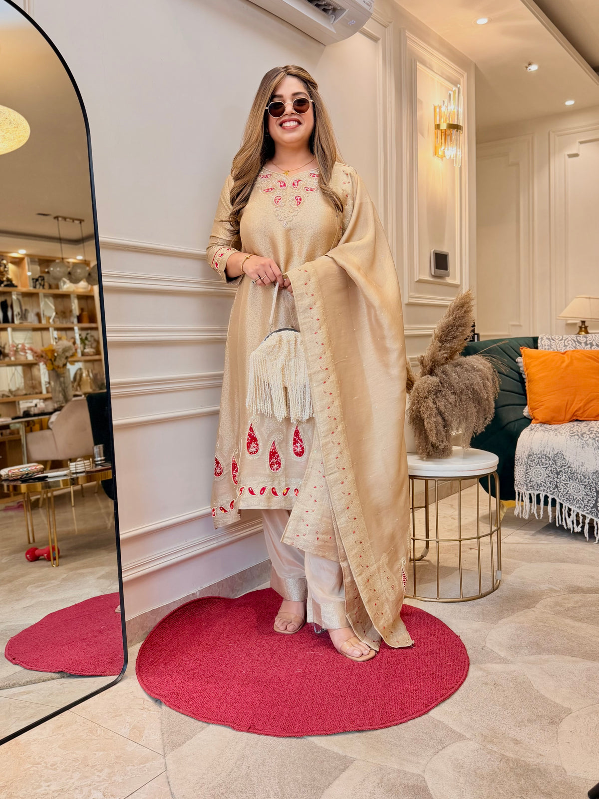 Exclusive Gold Beige Brocade Jacquard 3Piece A line kurta set