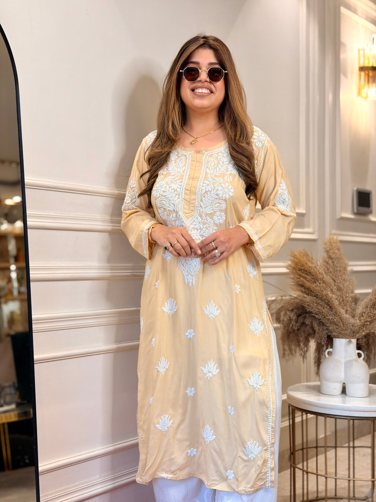 Hand Embroidered 3D Chikankari Kurta | Mul Chanderi | Beige