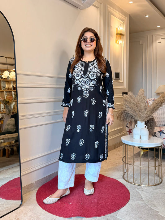 Hand Embroidered Chikankari Kurta | Modal | Black